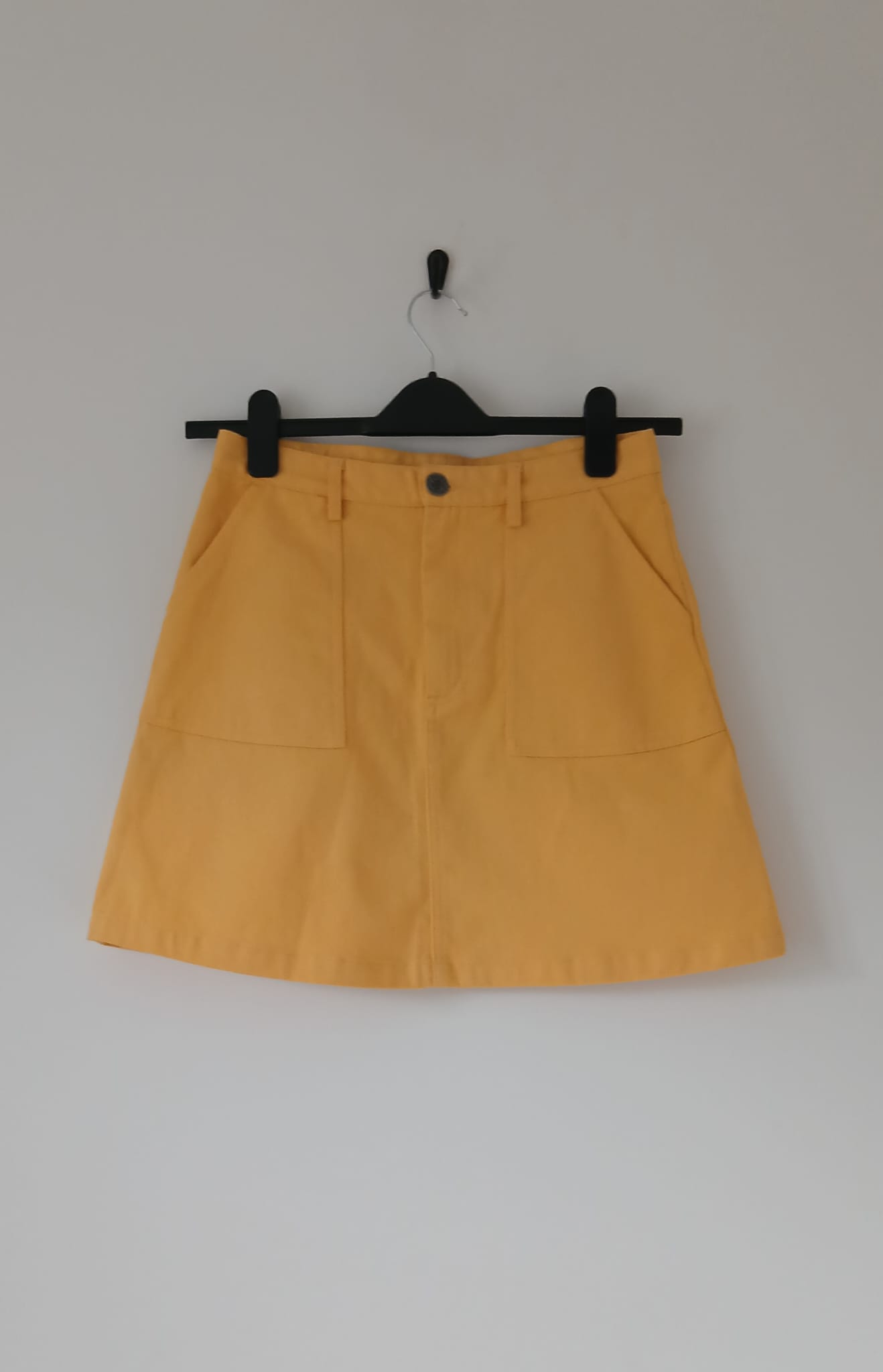 Yellow Denim Mini Skirt UK 10 Organic Cotton A-Line Pockets Boho Cottagecore Festival