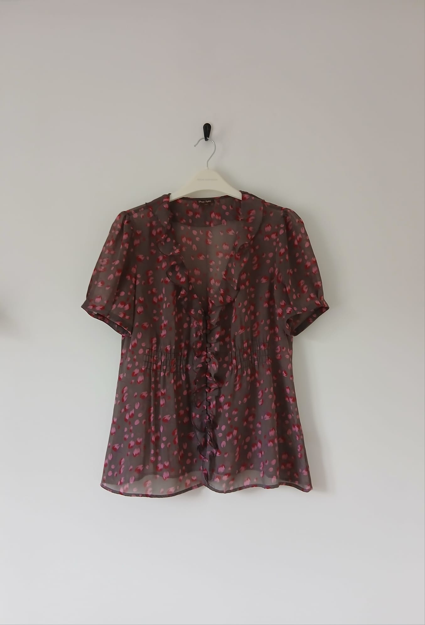 Sheer Chiffon Blouse UK12 Grey / Taupe Pink Floral Ruffle Frill Top Boho Cottagecore Prairie Holiday