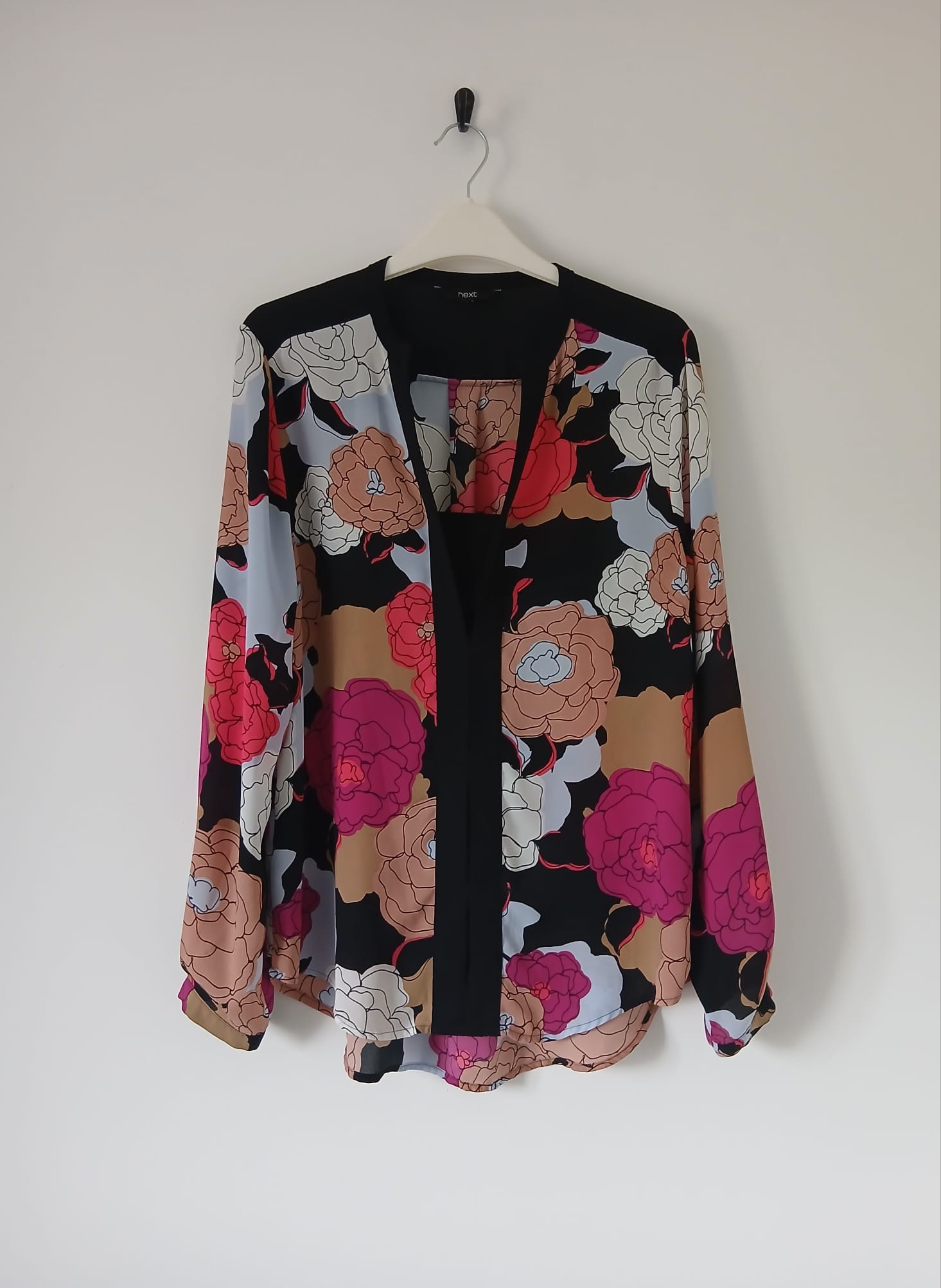 Next Floral V-Neck Blouse UK 12 Black Pink Mix Long Sleeve Smart Casual Office Boho Cruise Resort