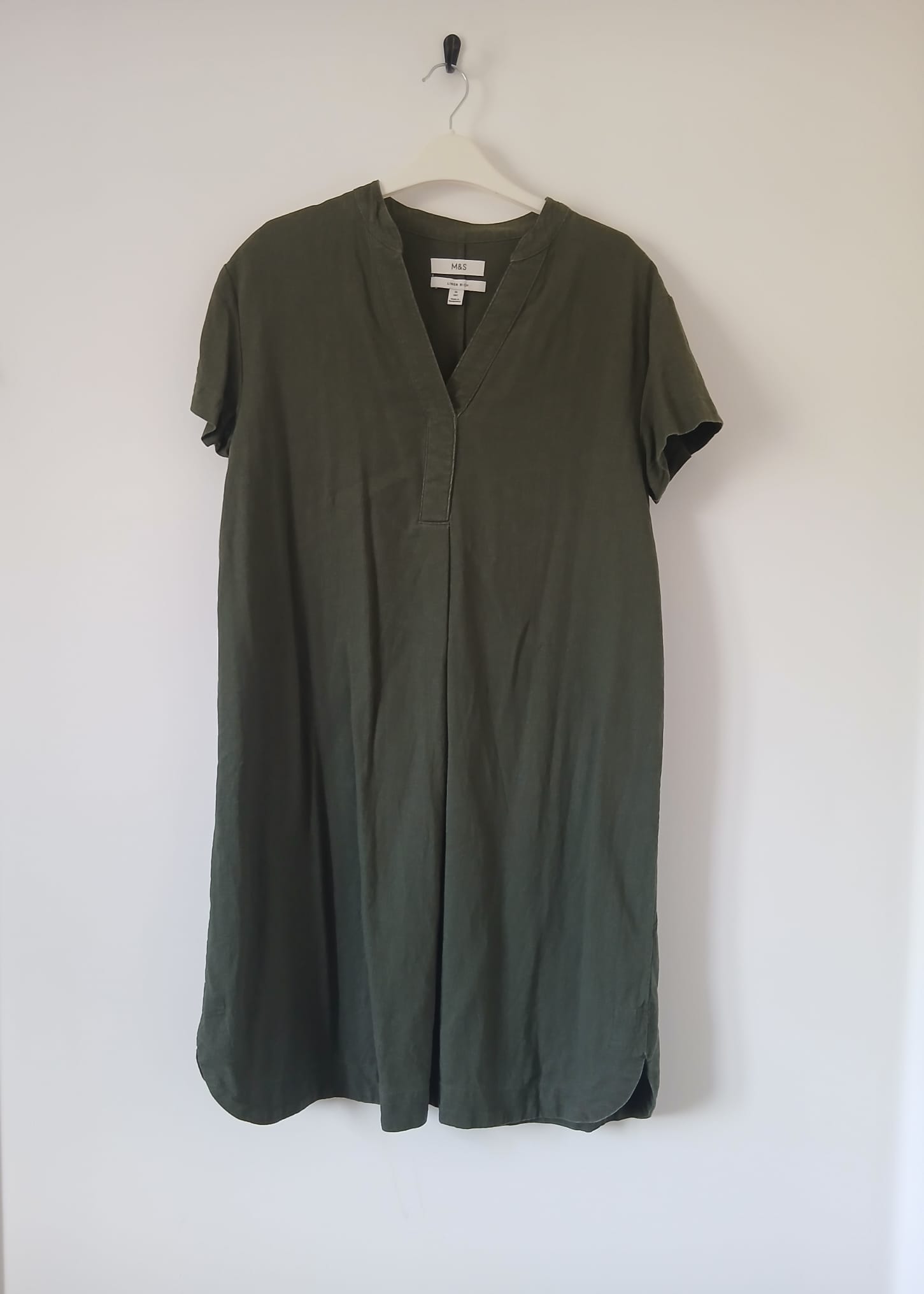 M&S Linen Rich Popover Tunic Dress UK 10 Short Khaki Breathable V-Neck Holiday Summer Smart Casual