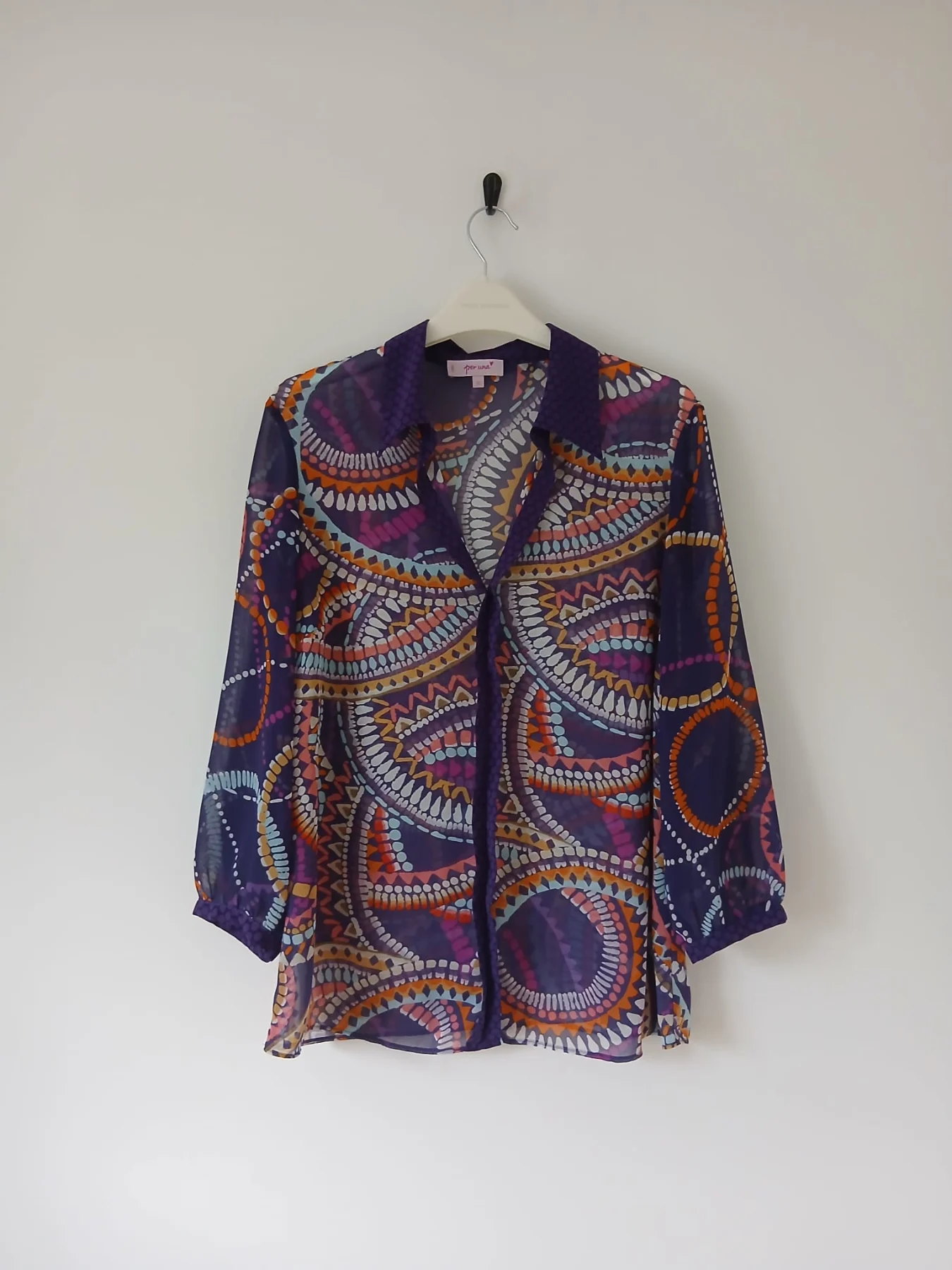 M&S Per Una Sheer Popover Blouse Top UK 12 Purple Mix Abstract Mosaic Paisley Y2K Boho Festival