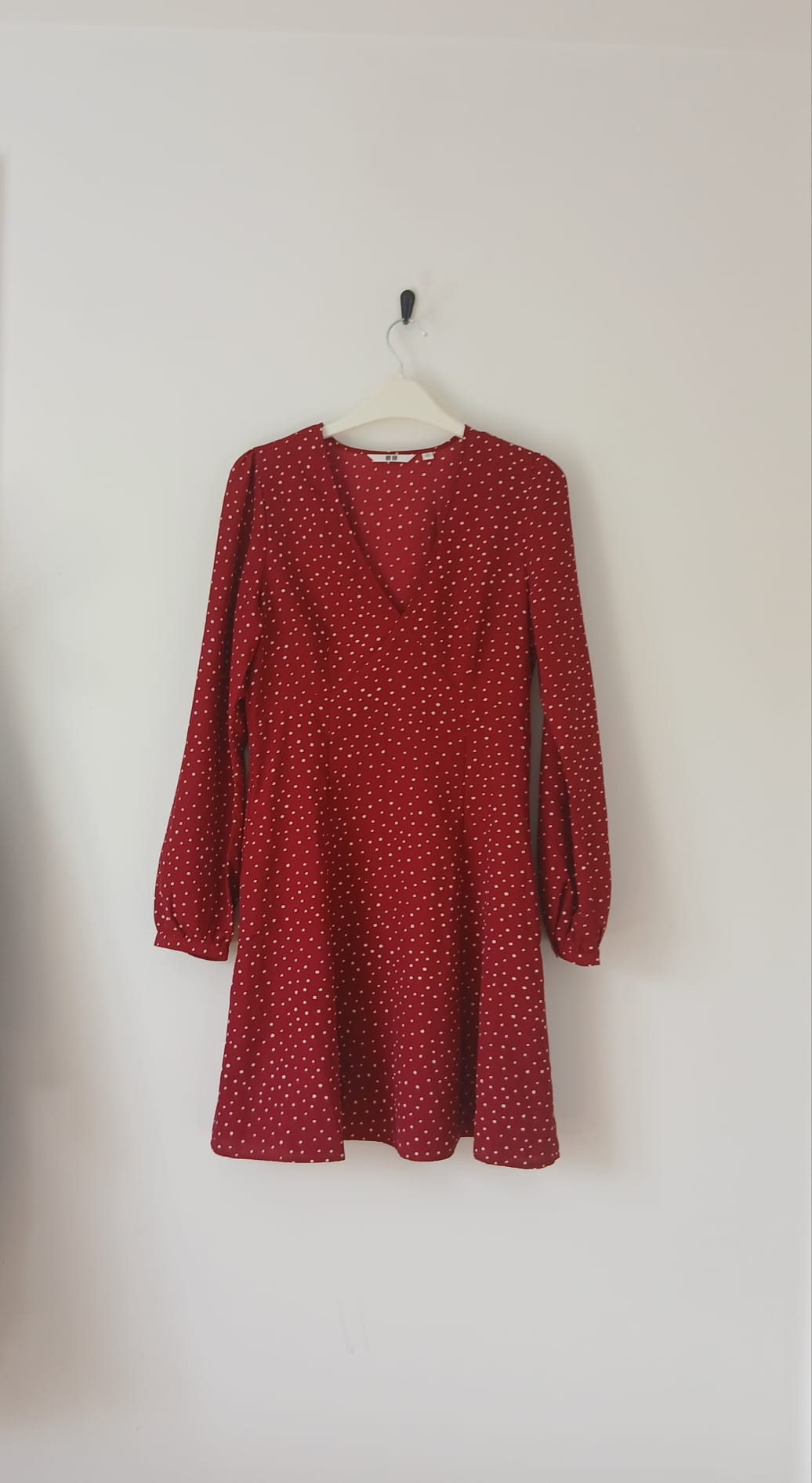 Uniqlo Polka Dot Dress UK 6-8 Red White Balloon Sleeve Pockets Mini Knee Length Boho Cottagecore