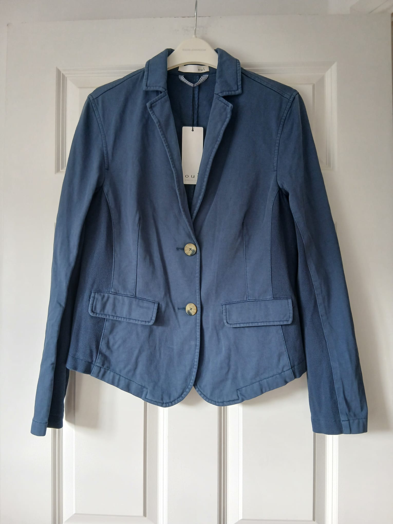 Oui Fitted Cotton Jersey Blazer UK 14 Dusty Denim Blue Tailored Stretch Smart Casual Cottagecore