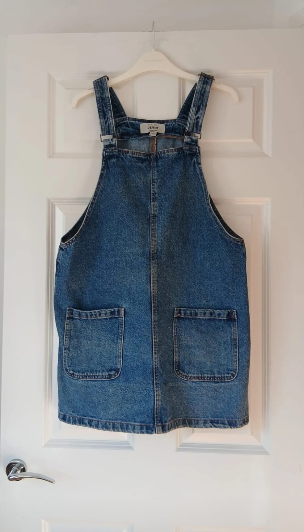 New Look Cotton Denim Pinafore Dungaree Dress UK14 Mid Blue Wash Y2K 90s Cottagecore Boho Autumn