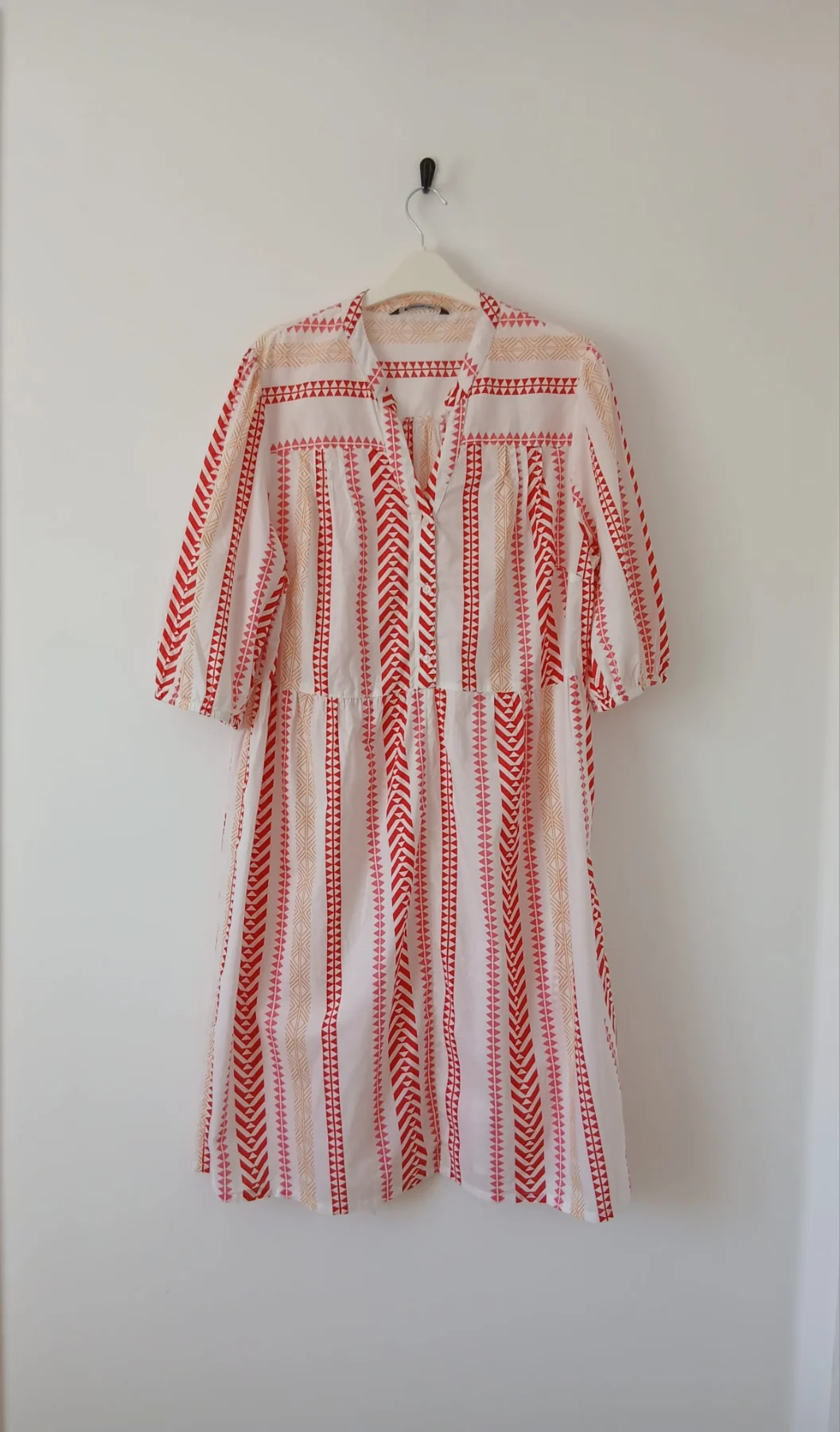 Bonmarché Cotton Midi Shirt Dress UK 14 Aztec Ikat White Mix Holiday Resort Boho Lagenlook Casual
