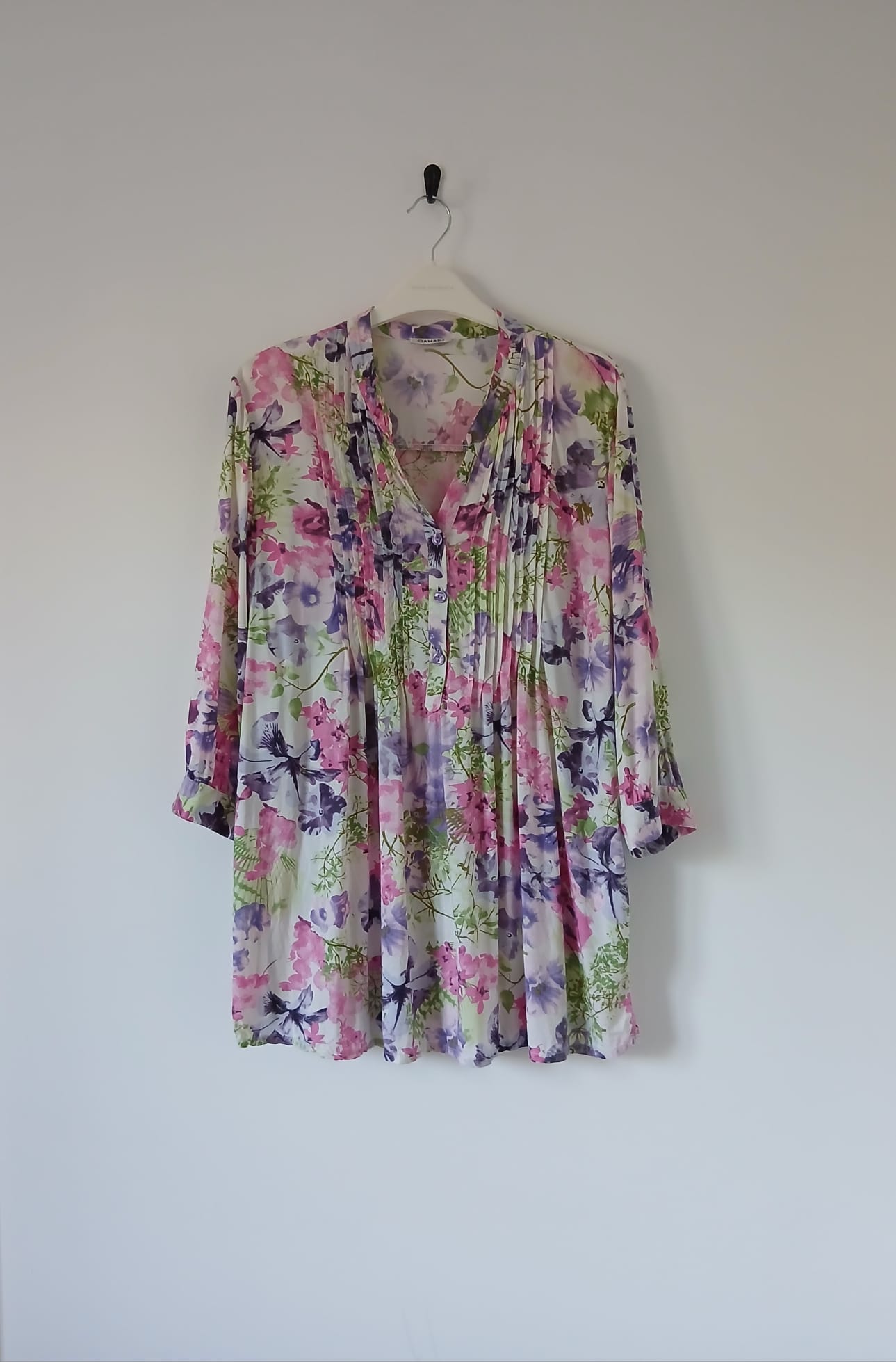 Damart Floral Longline Tunic UK 16 Multicoloured Pintuck ¾ Sleeve Viscose Boho Cottagecore Prairie