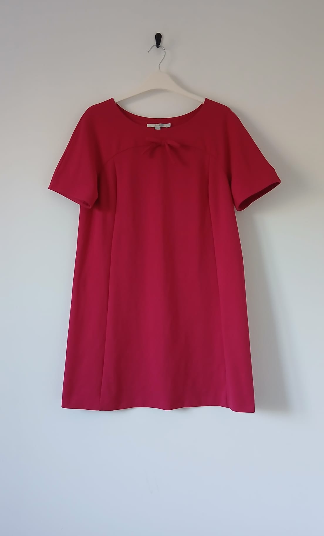 Boden Bow Front Shift Dress UK12 Berry Red Short Sleeve Stretch Smart Casual Office Cottagecore Boho