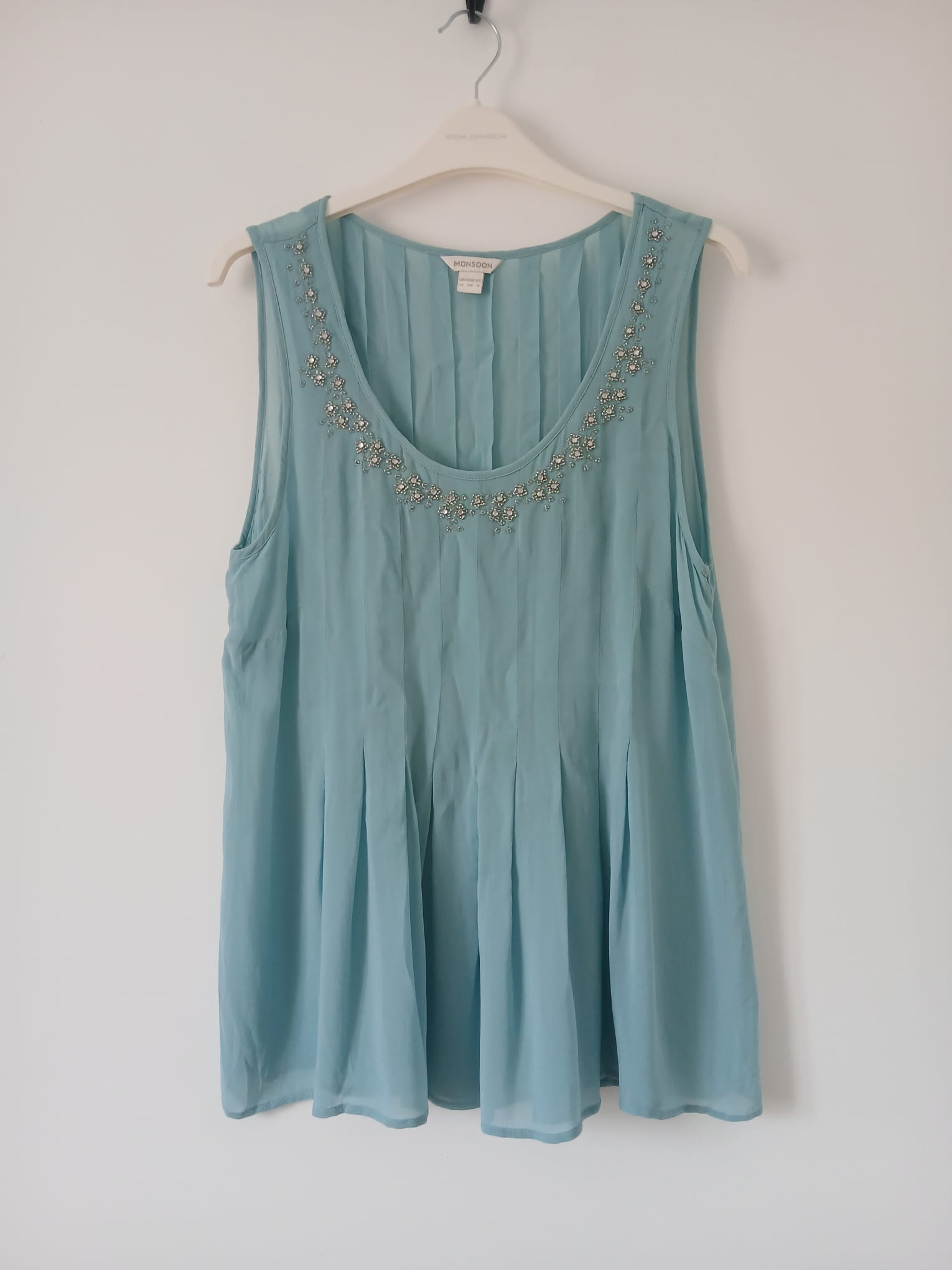 Beaded Occasion Top UK 12 Aqua Chiffon Pleated Boho Lagenlook Cottagecore Wedding Party Holiday