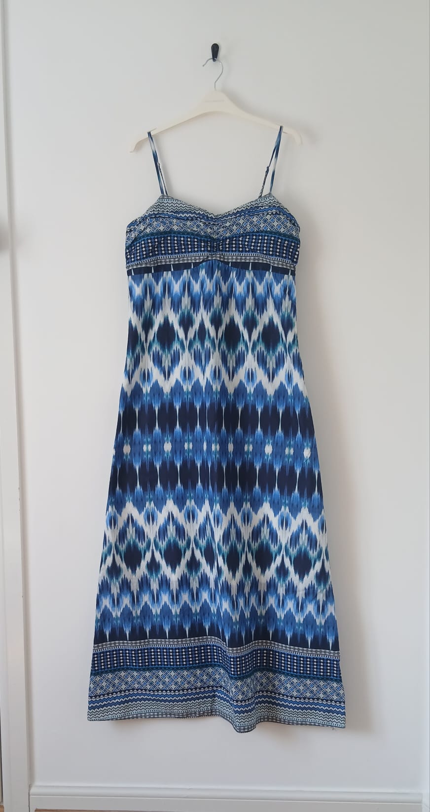 Ikat Print Tiered Maxi Sundress UK 12 Spaghetti Straps Blue Mix Cotton Boho Festival Holiday Cruise