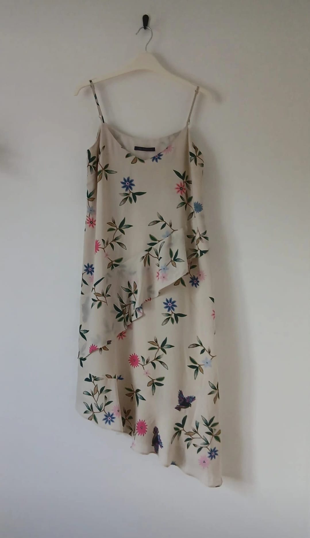 M&S Floral Bird Print Cami Slip Dress UK 10 Ivory Mix Asymmetric Ruffle Hem Boho Cottagecore Prairie