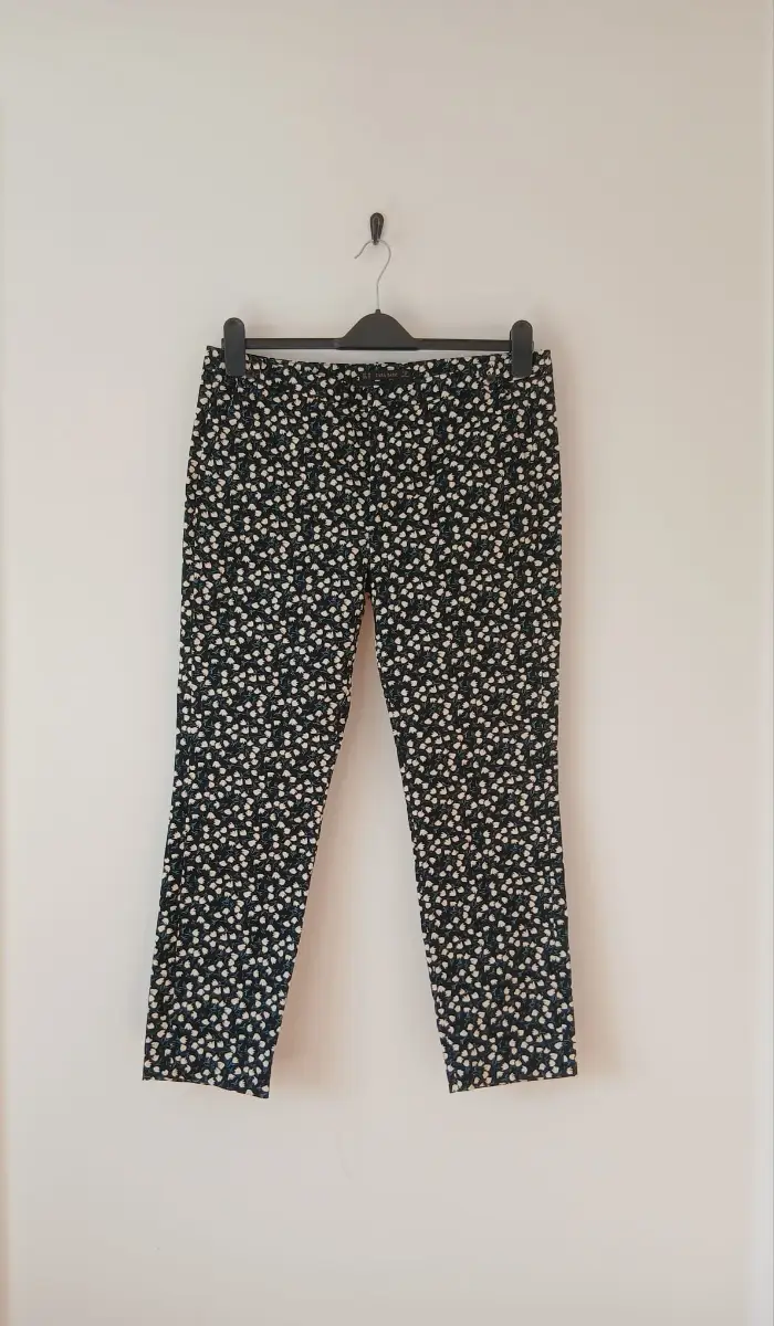 Floral Cotton Trousers UK 12 Black Mix Tulip Cropped Tailored Smart Casual Office Boho
