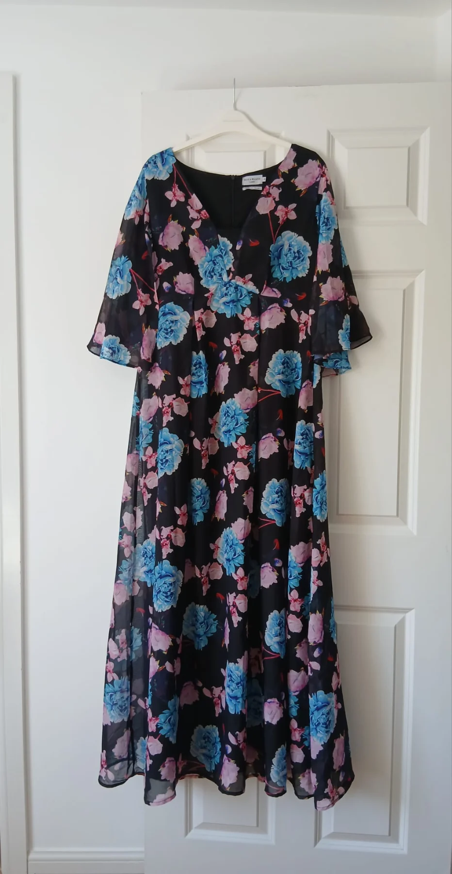 Wolf & Whistle Floral Maxi Dress UK 18 Black Mix Angel Sleeve Fairycore Boho Wedding Occasion