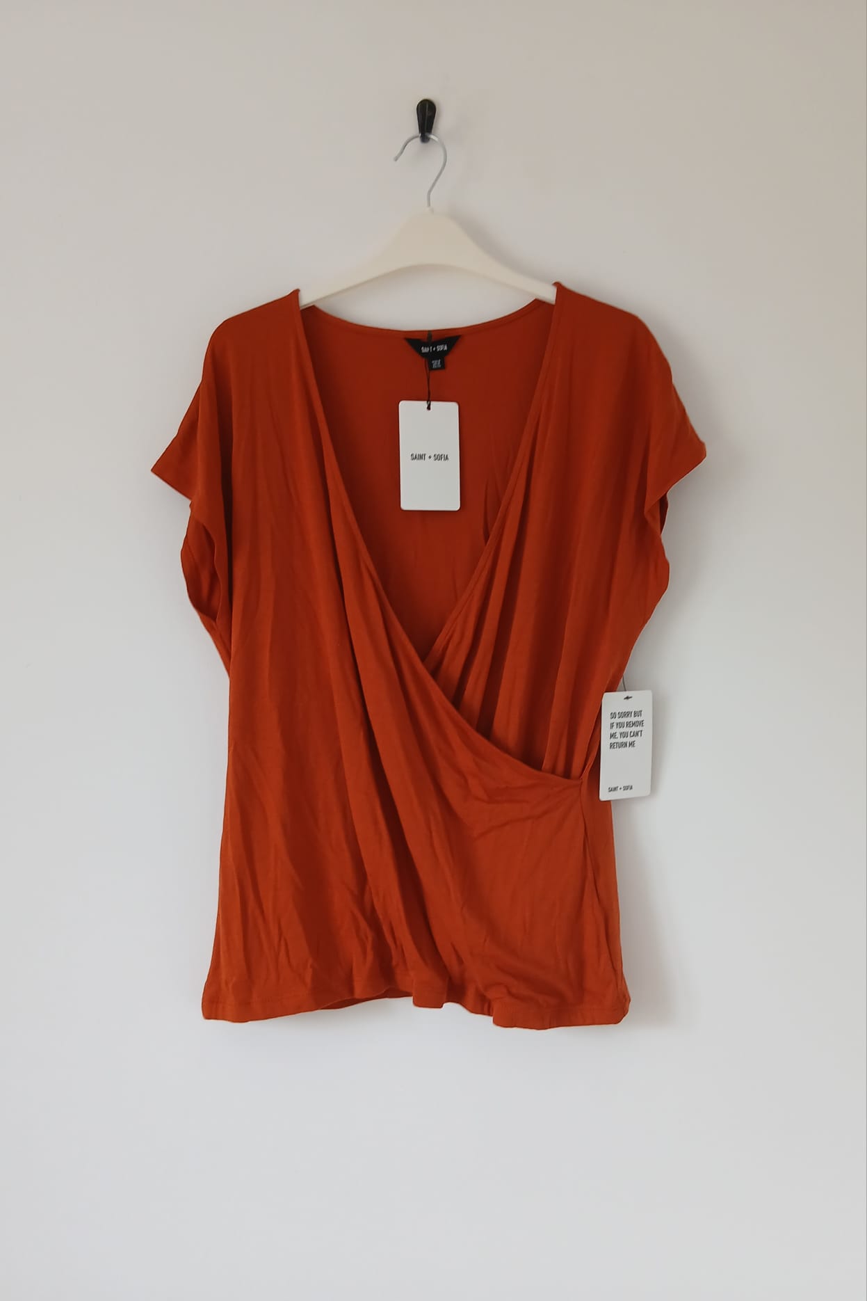 Rust Orange Wrap Top BNWT Size 18 V-Neck Jersey Cap Sleeve Smart Casual Layering Boho Cottagecore