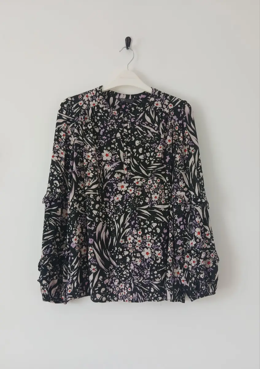 Sparkly Floral Top UK 12 Black Mix Ruffle Cuff Long Sleeve Top Viscose Boho Smart Casual Festival