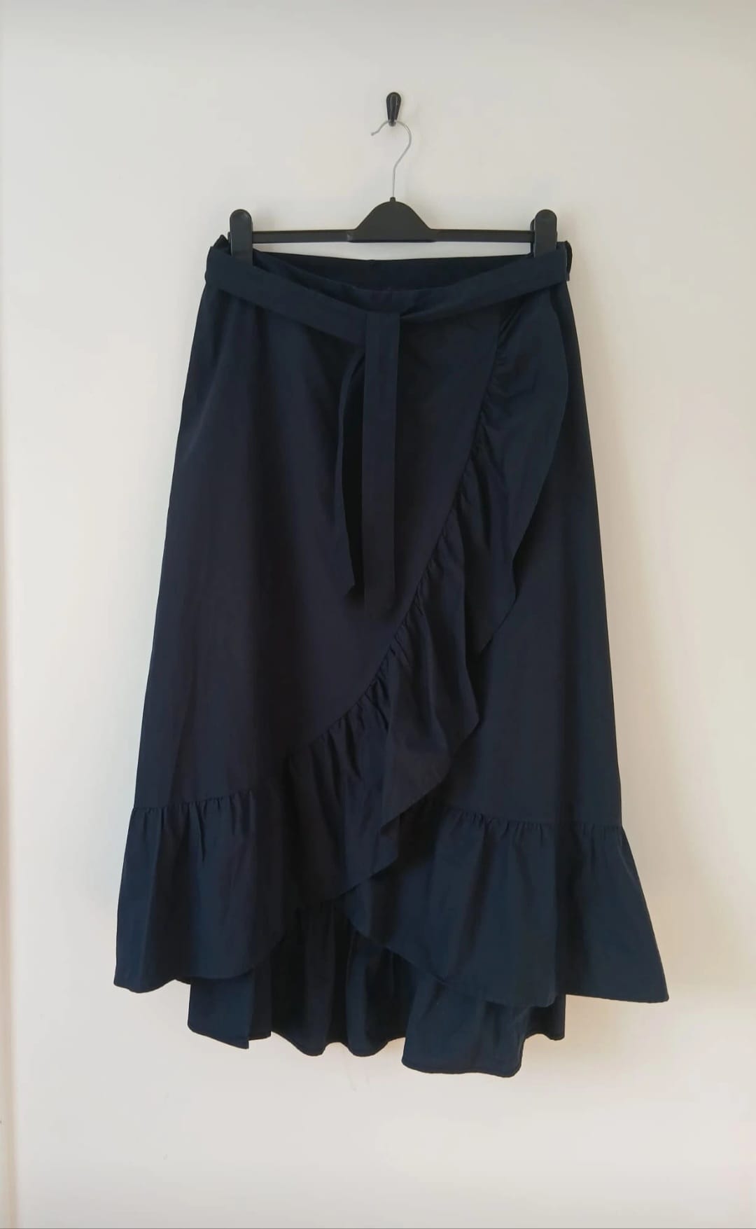 M&S Collection Cotton Ruffle Wrap Skirt UK 18 Navy Tea Length Midi Boho Cottagecore Lagenlook Office