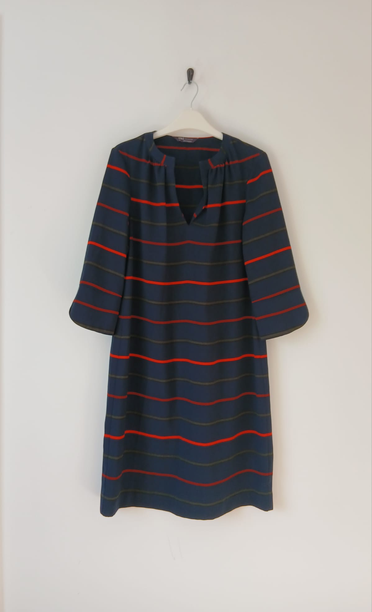 Striped Tunic Dress Navy UK 10 3/4 Sleeve Notch Neck Knee Length Shift Dress Boho Office Smart Casua