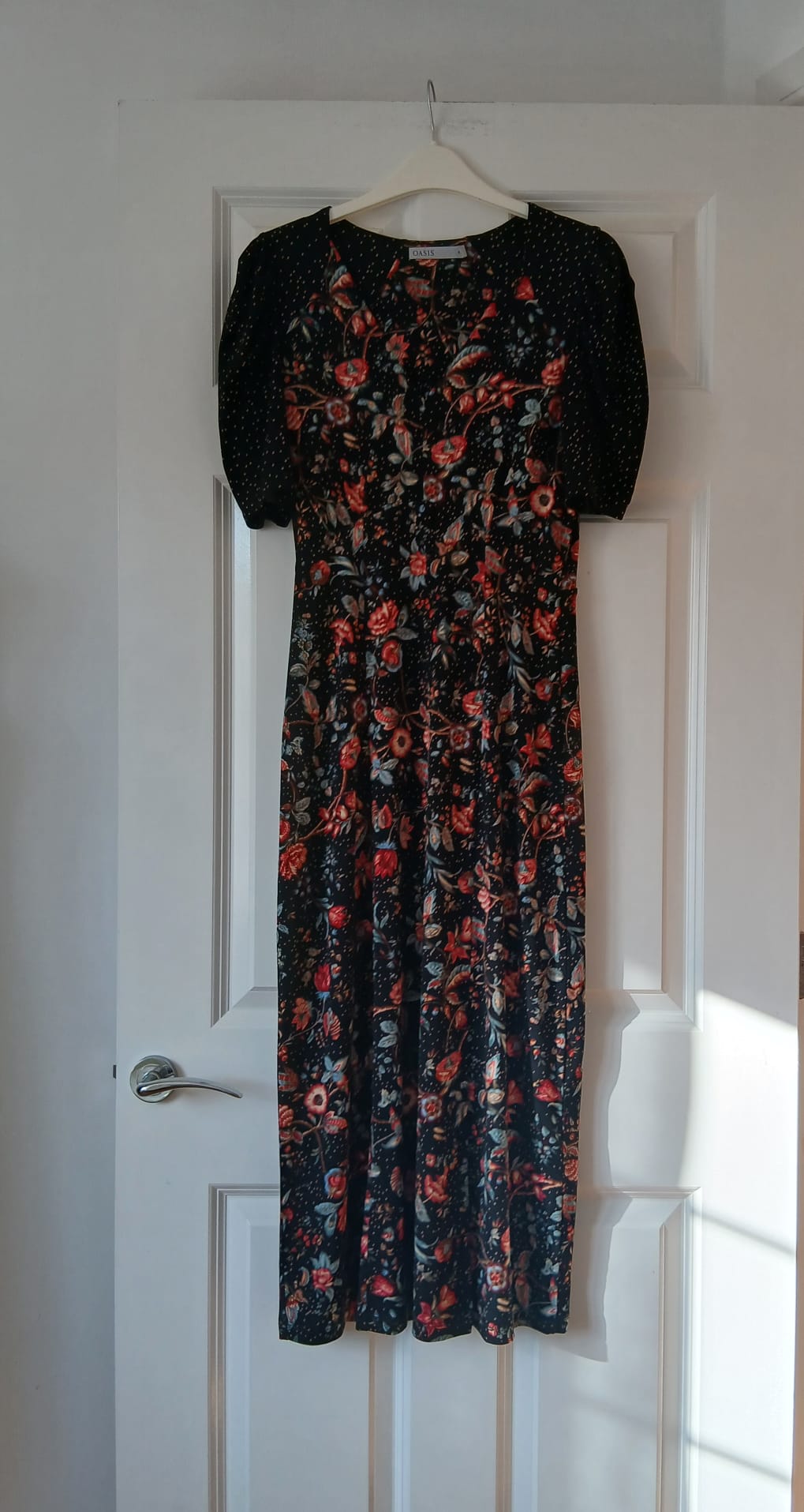 Black Floral Puff Sleeve Jersey Maxi Dress S UK 8 Polka Dot Boho Cottagecore Prairie Holiday Resort
