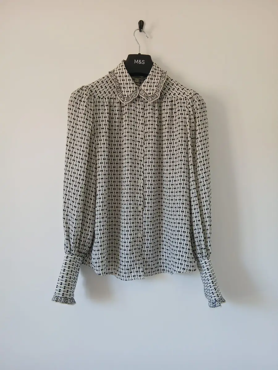 Statement Collar Blouse S UK 10 Geometric Print Ruffle Cuff Long Sleeve Prairie Boho Smart Casual