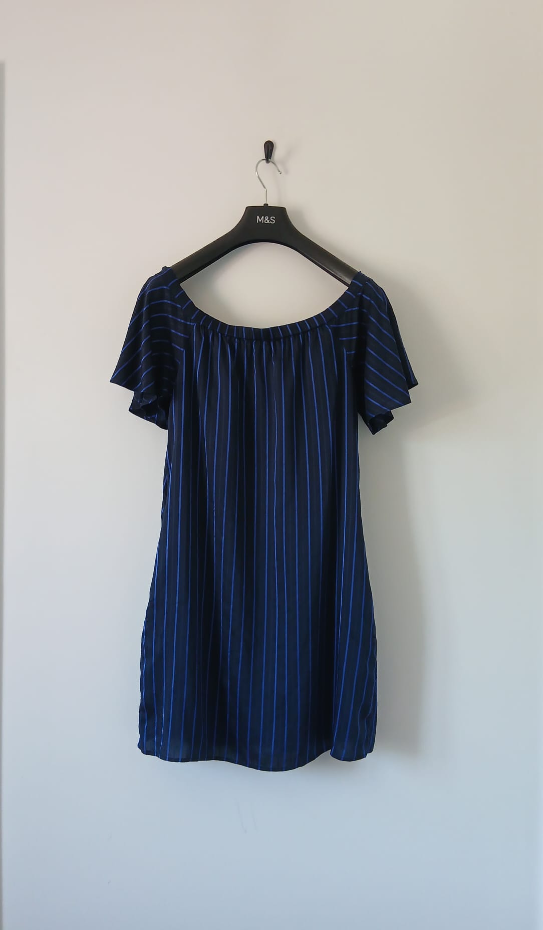 Off Shoulder Shift Dress M Navy Blue Striped Viscose Rayon Flutter Sleeves Pockets Summer Occasion