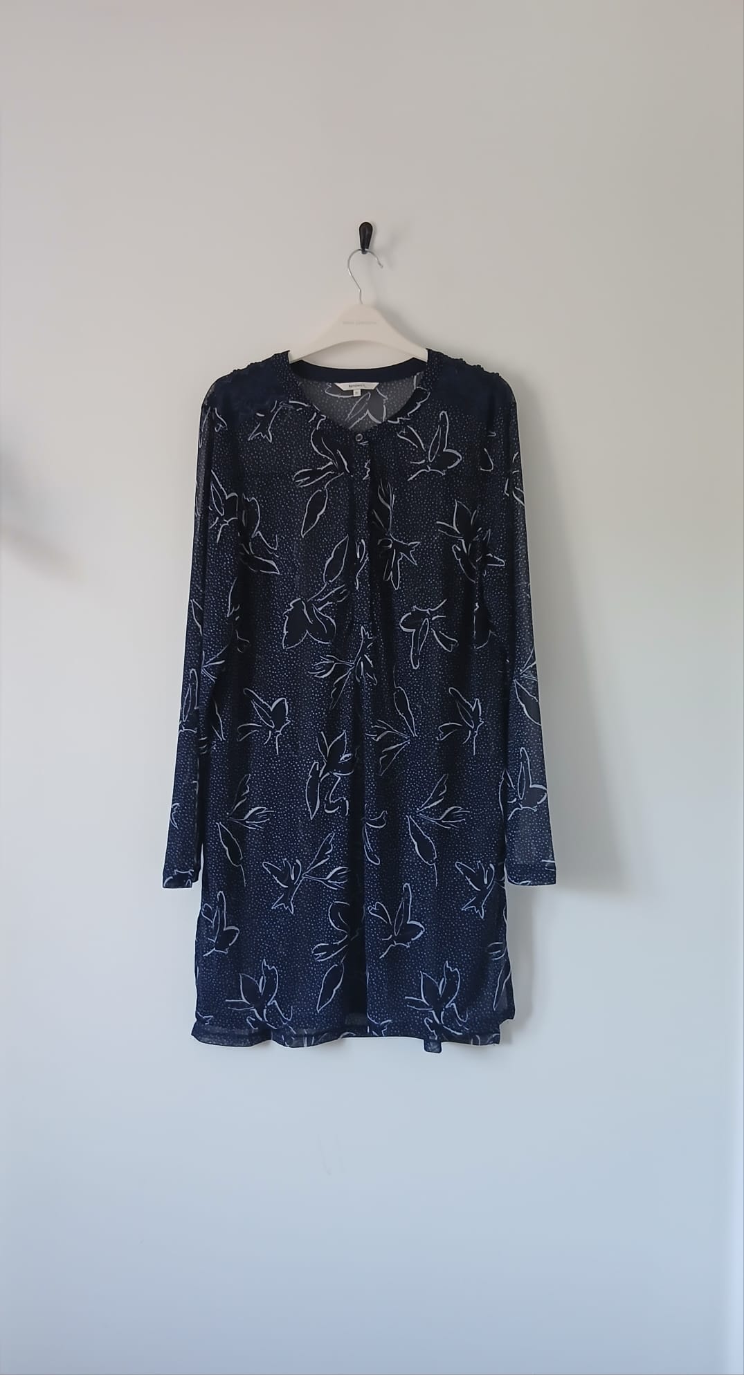 Sandwich Floral Mesh Tunic UK 14 Navy White Sheer Longline Lace Holiday Resort Cruise Casual Summer
