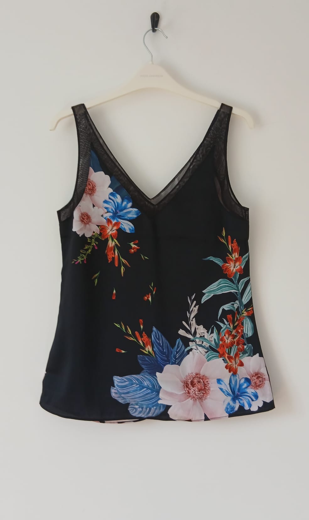 Jamboree Floral Cami Top Black Mesh Trim V-Neck UK 6 Satin Look Smart Boho Cottagecore Wedding