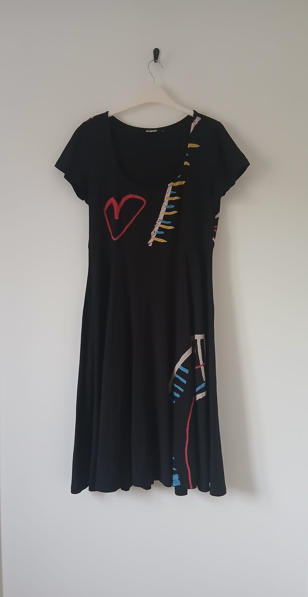 Black Abstract Heart Print Cotton Jersey Midi Dress UK 12-14 Cap Sleeve Artsy Quirky Boho Festival