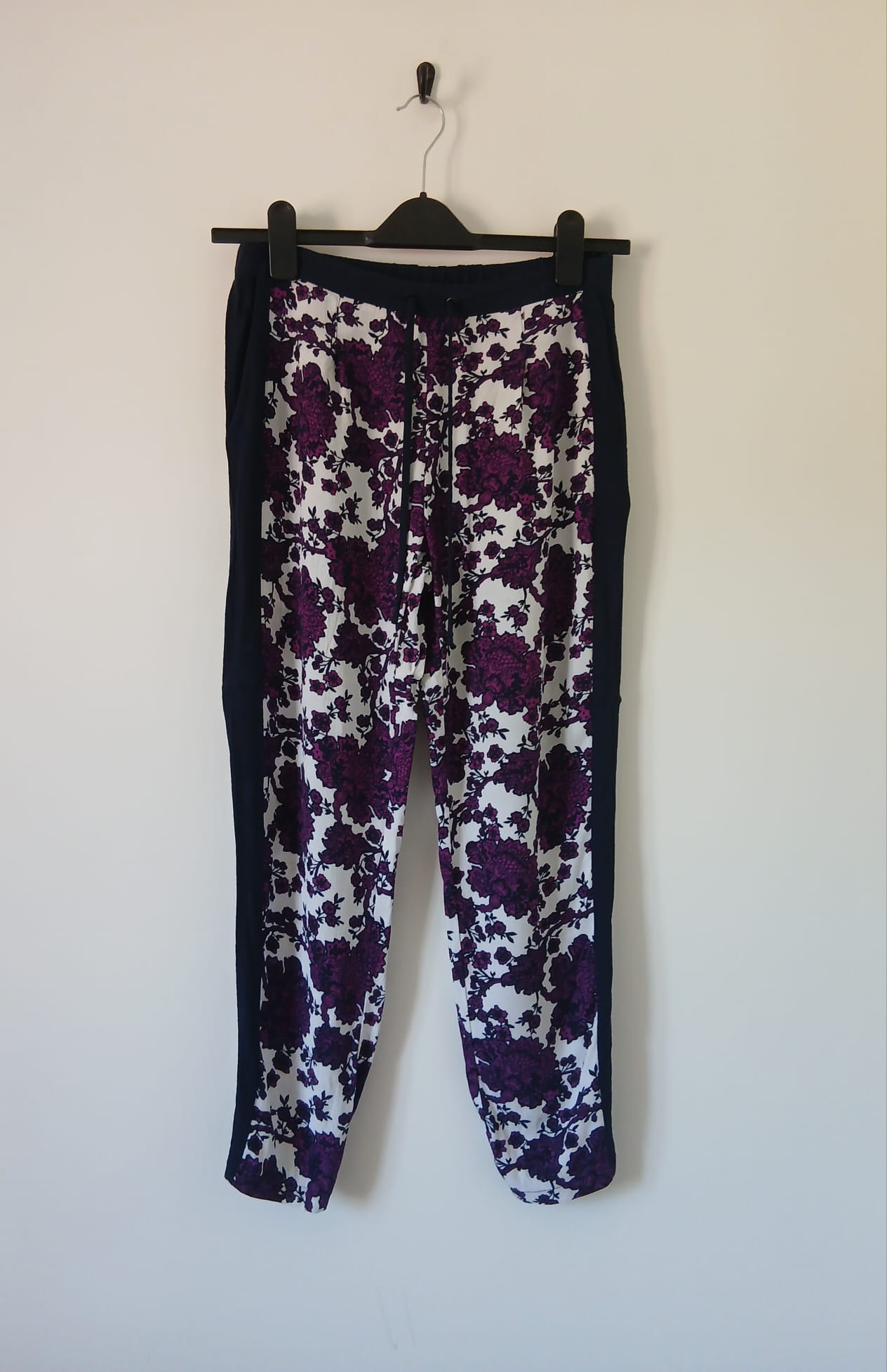 M&S Floral Viscose Beach Trousers UK10 Purple Navy Cropped Tapered Holiday Cruise Resort Boho
