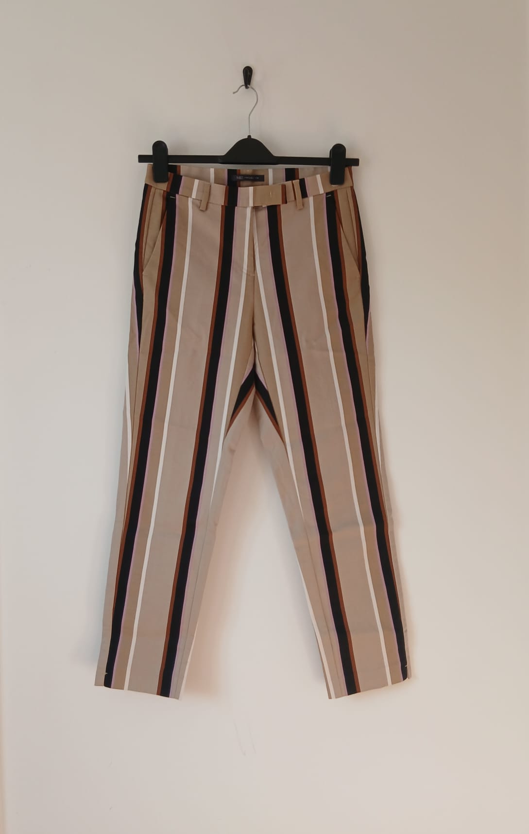 M&S Collection Striped Ankle Grazer Trousers UK 10 Long Slim Leg Cotton Tailored Work Preppy Cruise