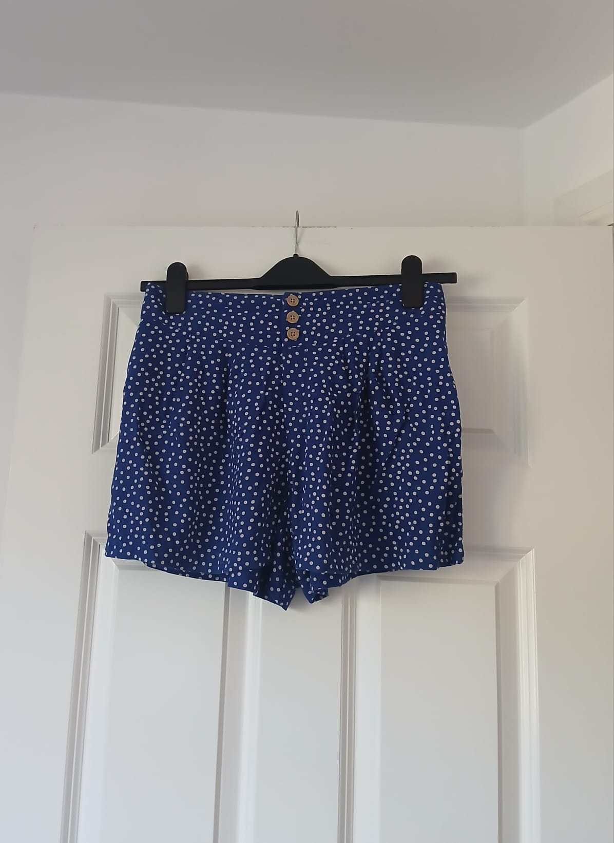 M&S Polka Dot Beach Shorts Size 10 Blue White Viscose Elasticated Waist Holiday Beach Resort Boho