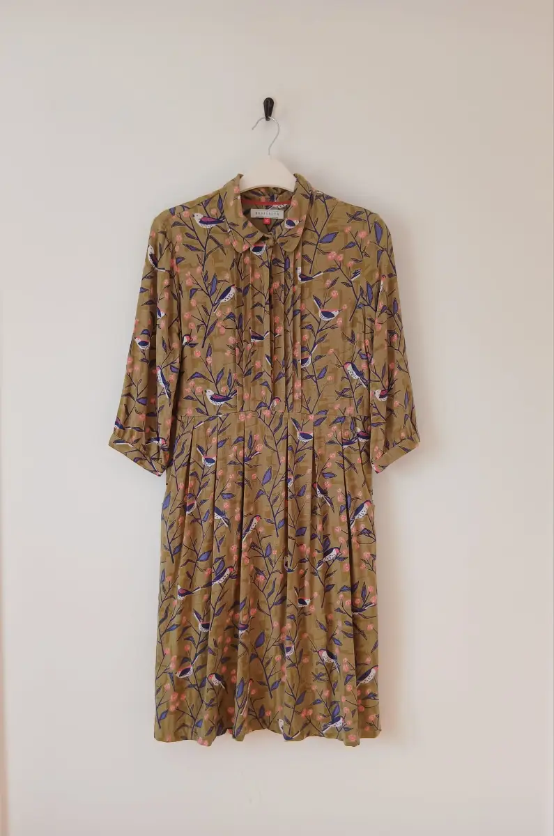 Bird Floral Nature Print Shirt Dress UK 10 Olive Viscose Midi Pleated Pockets Cottagecore