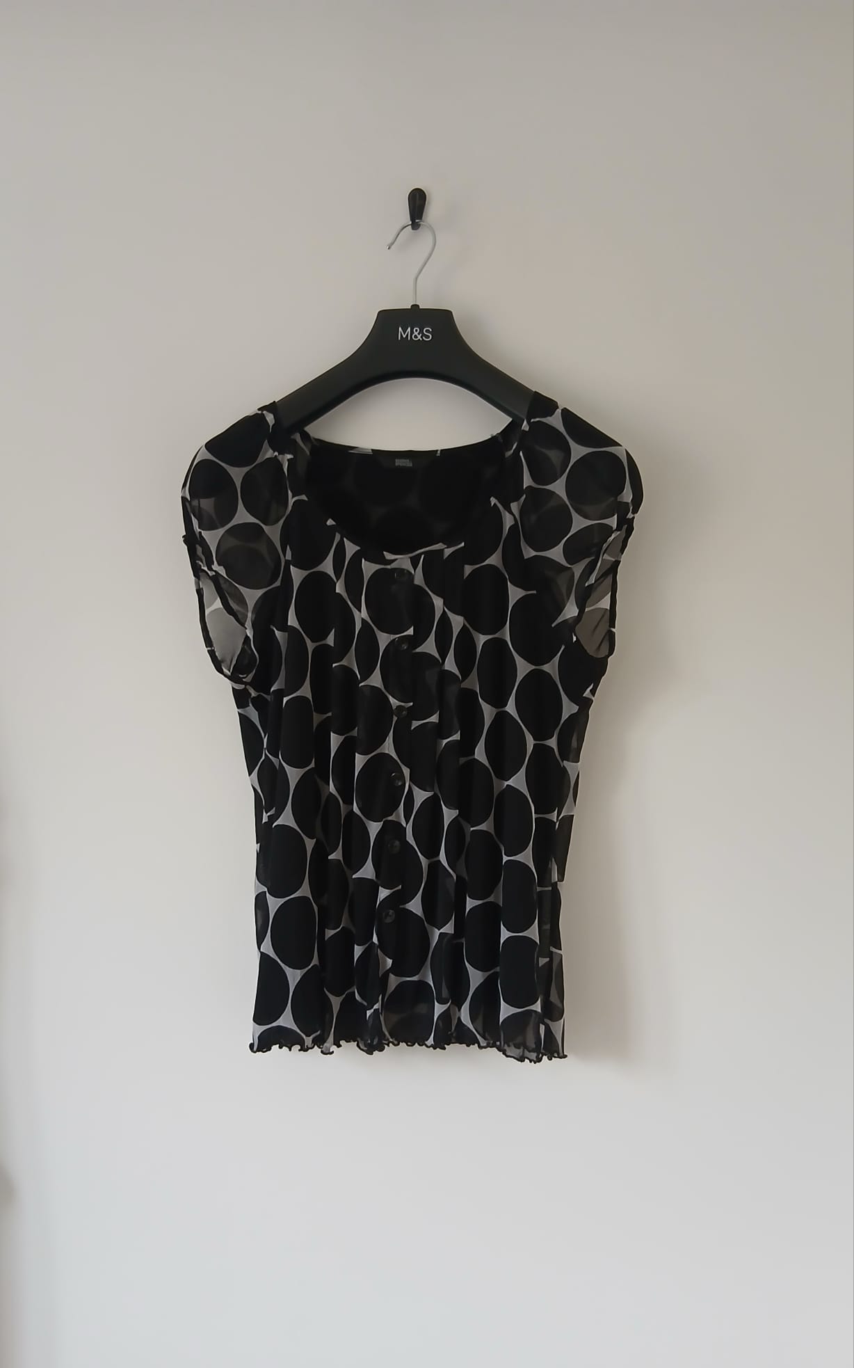 M&S Mesh Top UK 14 Black White Polka Dot Sheer Button Front Cap Sleeve Y2K Whimsigoth Office Party