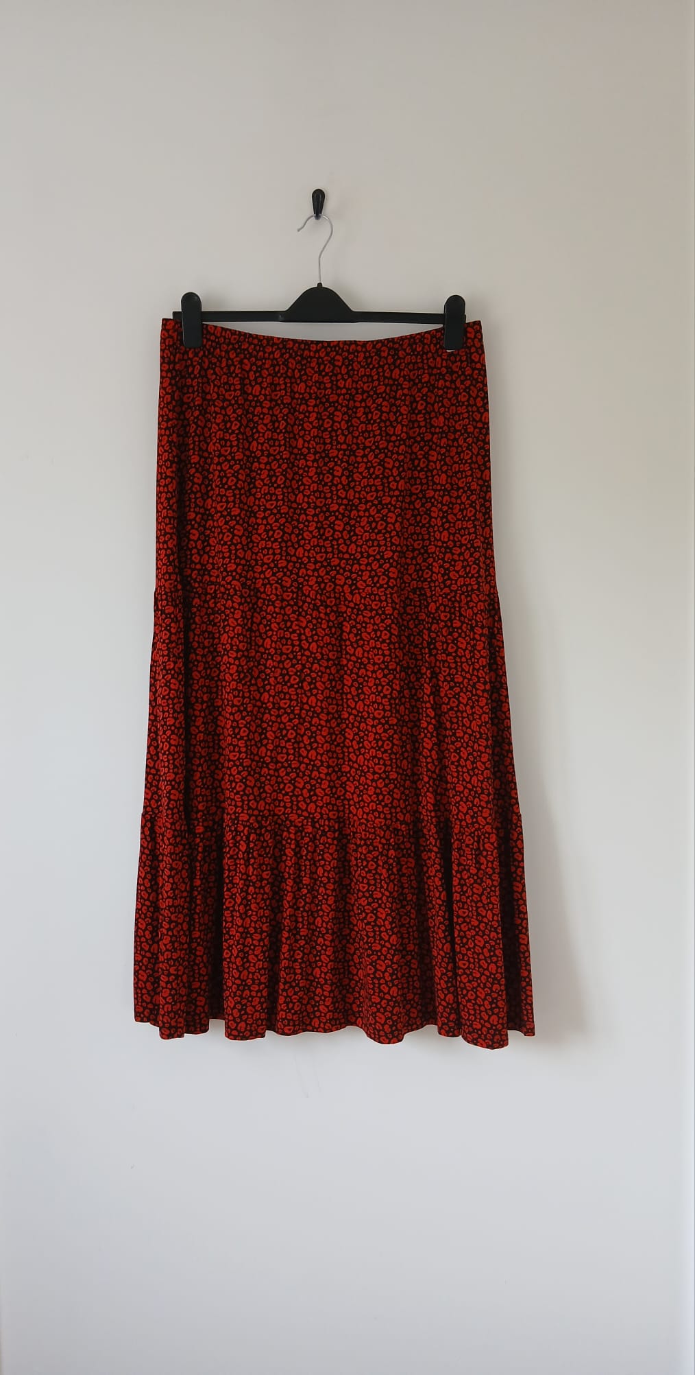 Leopard Print Tiered Midi Skirt UK 18 Red Black Elasticated Waist Holiday Gothic Work Cruise Resort