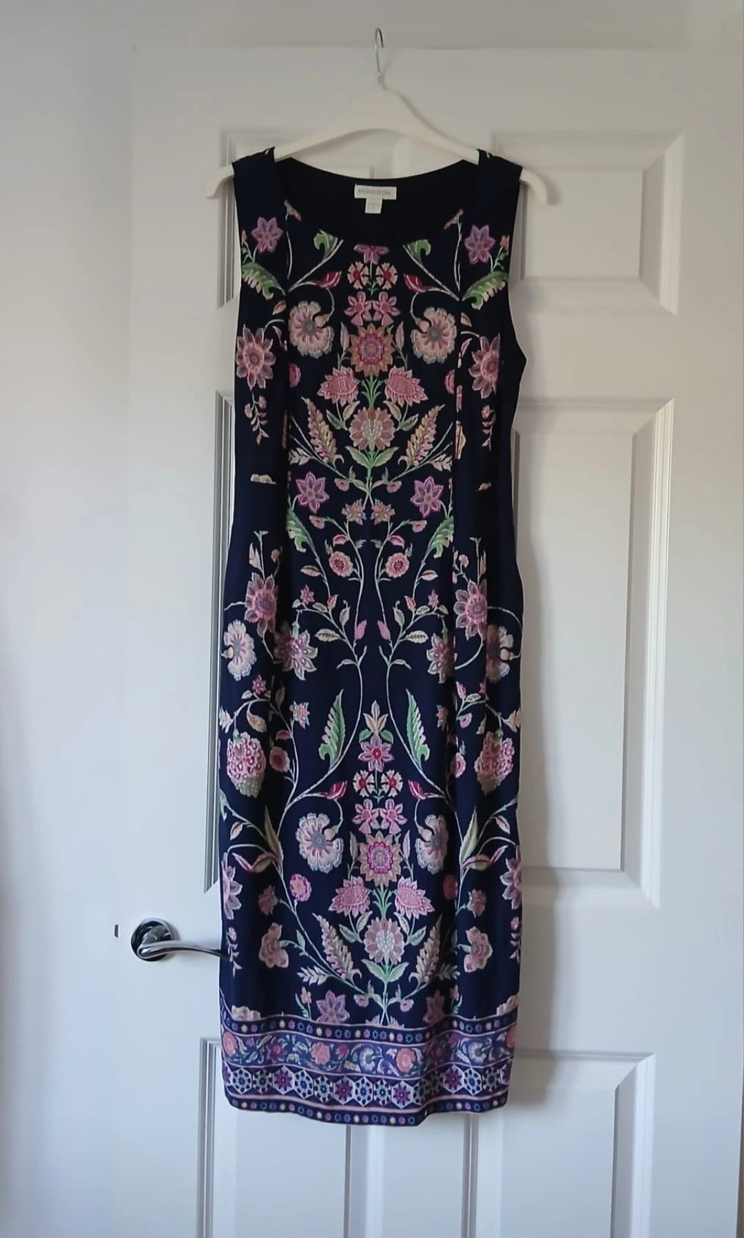 Monsoon Floral Midi Dress UK 12 Navy Mix Sleeveless Tie Waist Wedding Boho Cottagecore Holiday Work