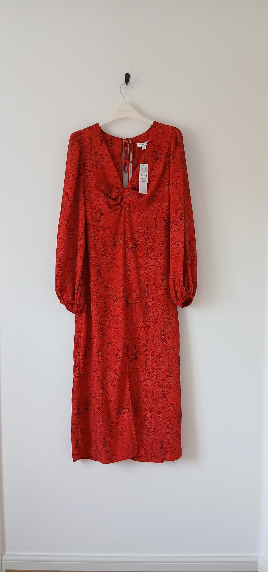 Topshop Balloon Sleeve Red Black Midi Dress UK 10 Animal Print Open Back Front Twist Tie Neck BNWT