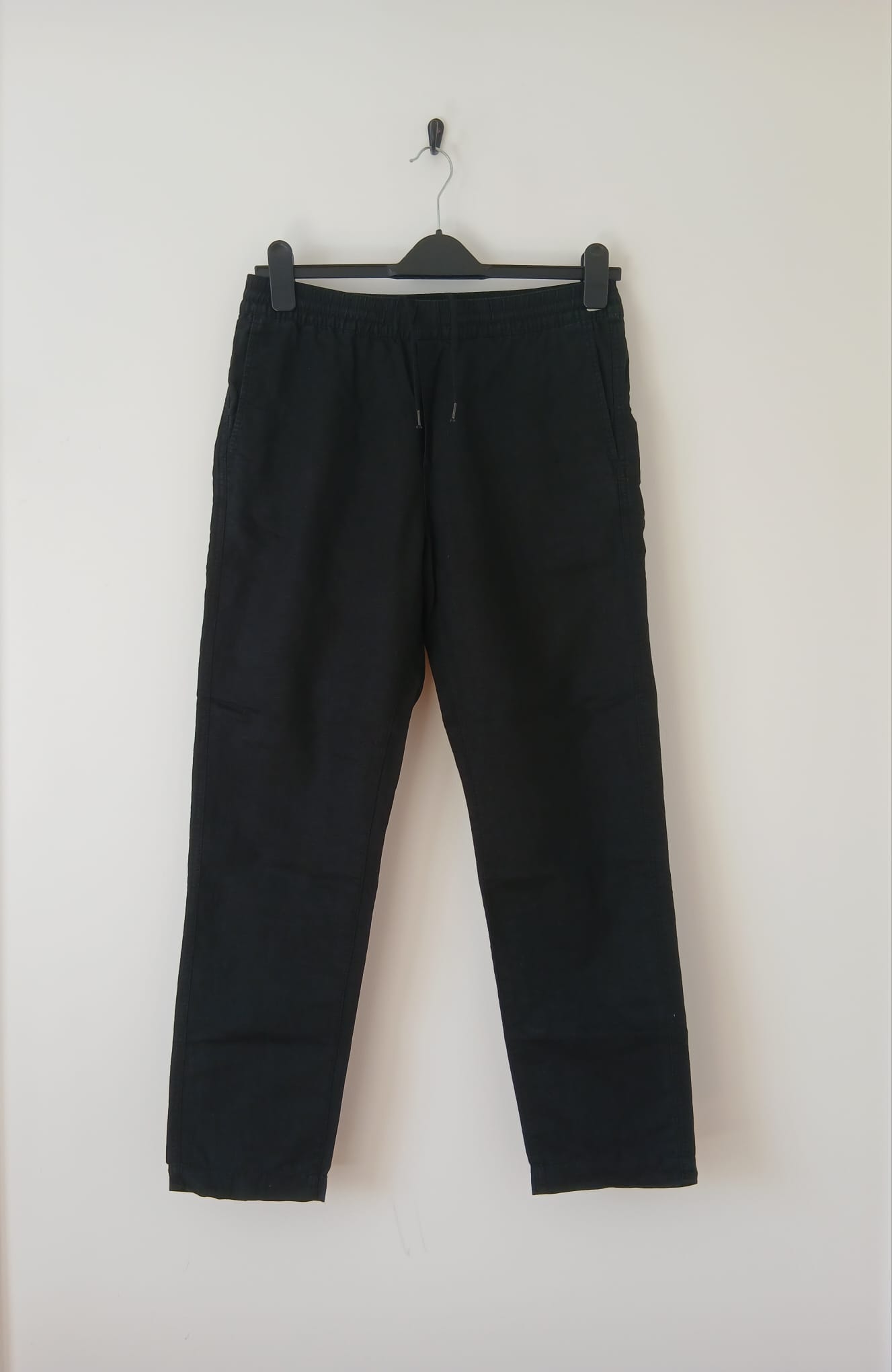 H&M Black Linen Cotton Blend Joggers S / UK 12 High Elasticated Waist Drawstring Tapered Summer
