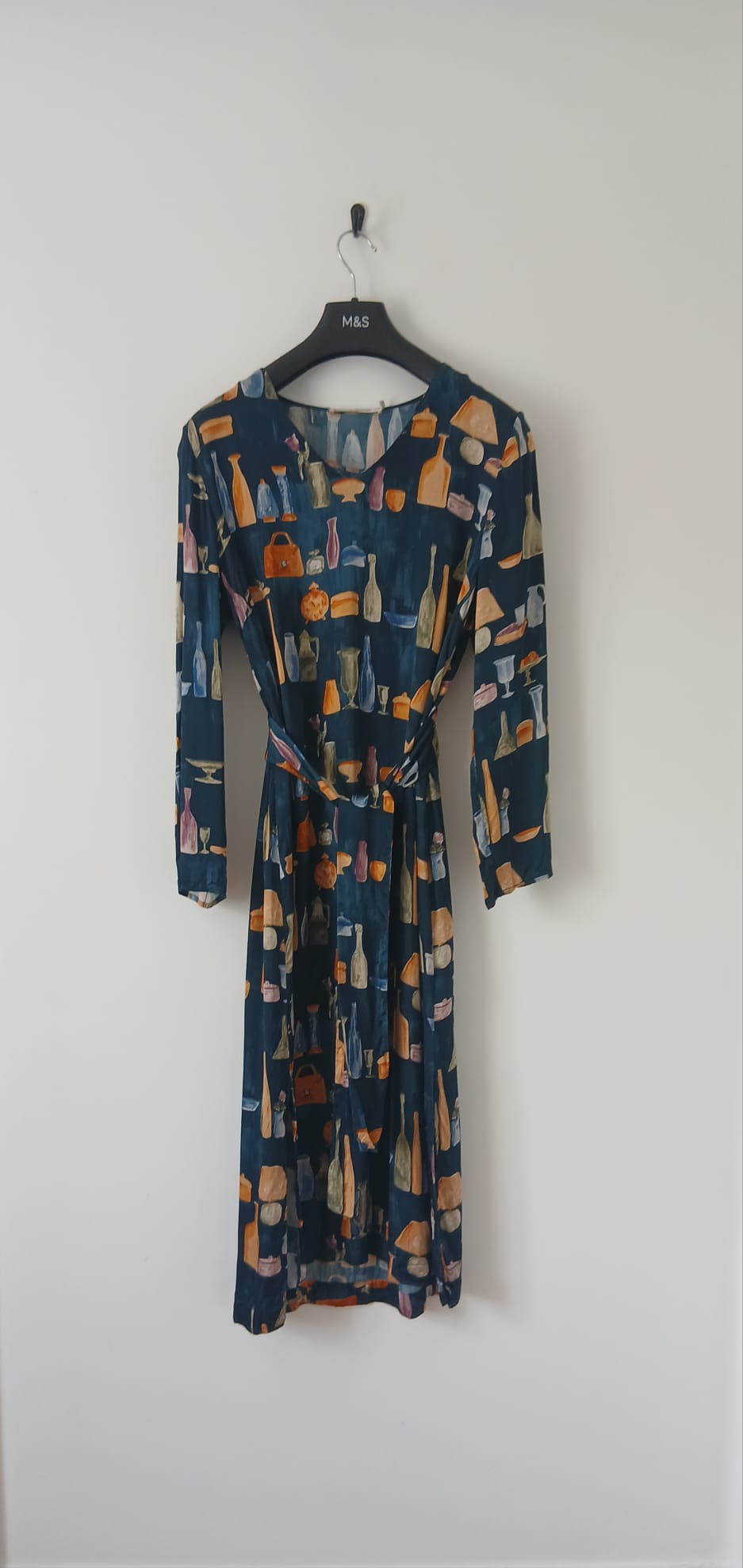 Navy Print Maxi Dress Long Sleeve Wrap Tie UK 12 Viscose Statement Watercolour