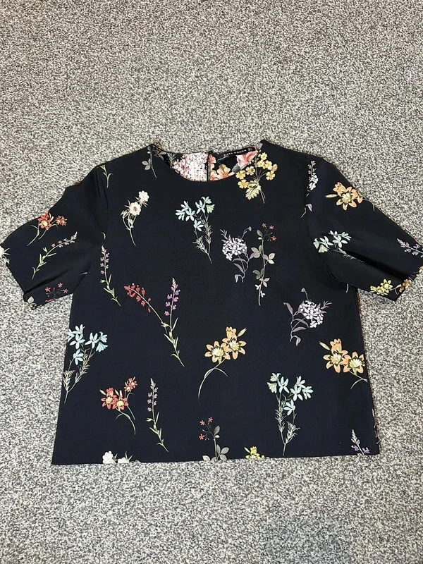 Zara women black floral short sleeve blouse office wear summer dark floral