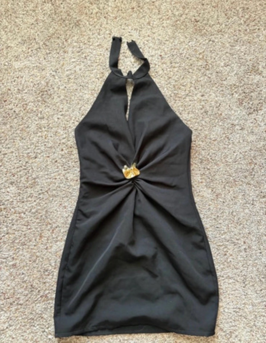 Pretty little Thing - Black Mini Dress with gold detailing- Size 4