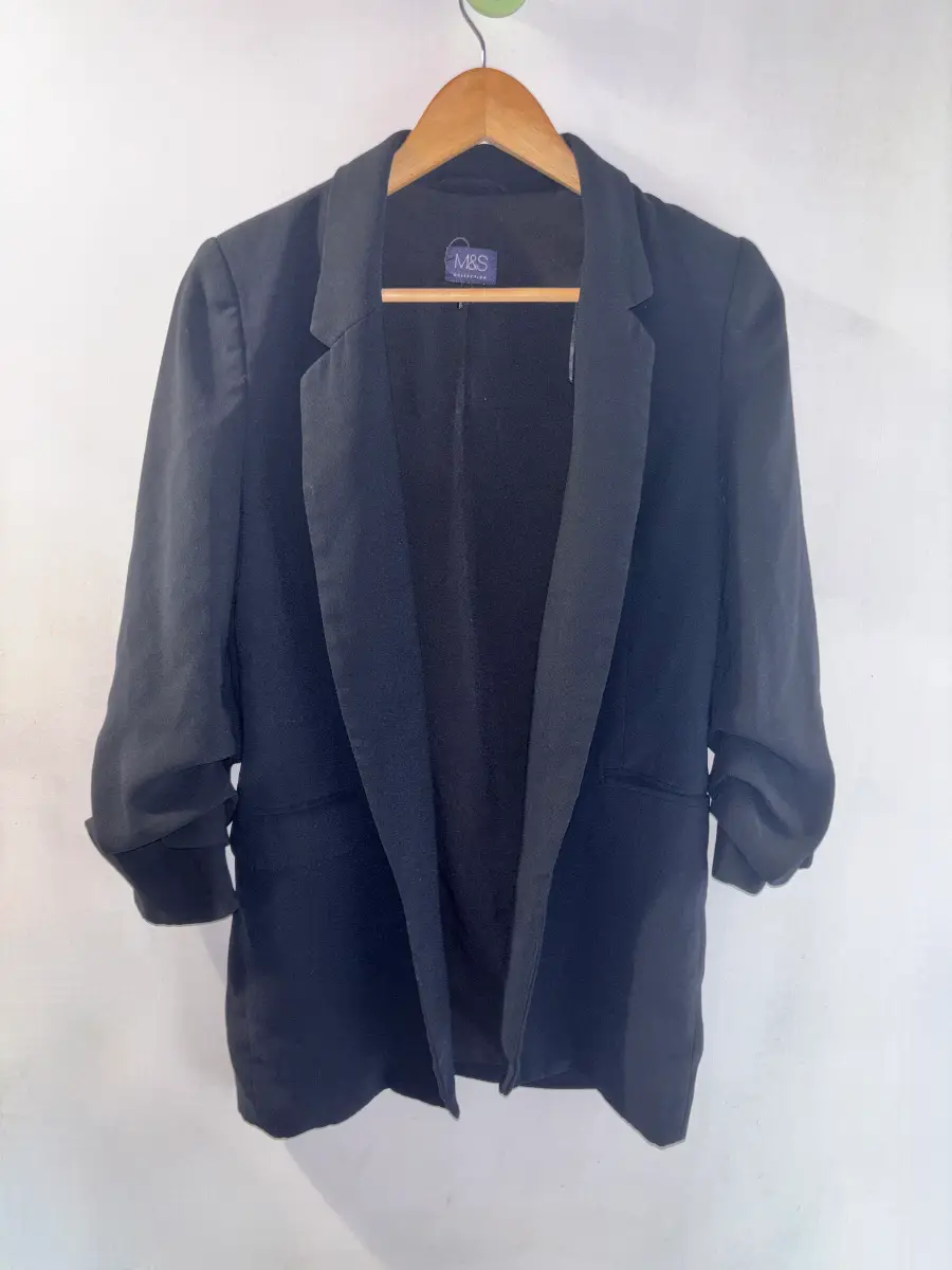 M&S Ruched Sleeved Black Single Breasted Lined Blazer, Size - 8