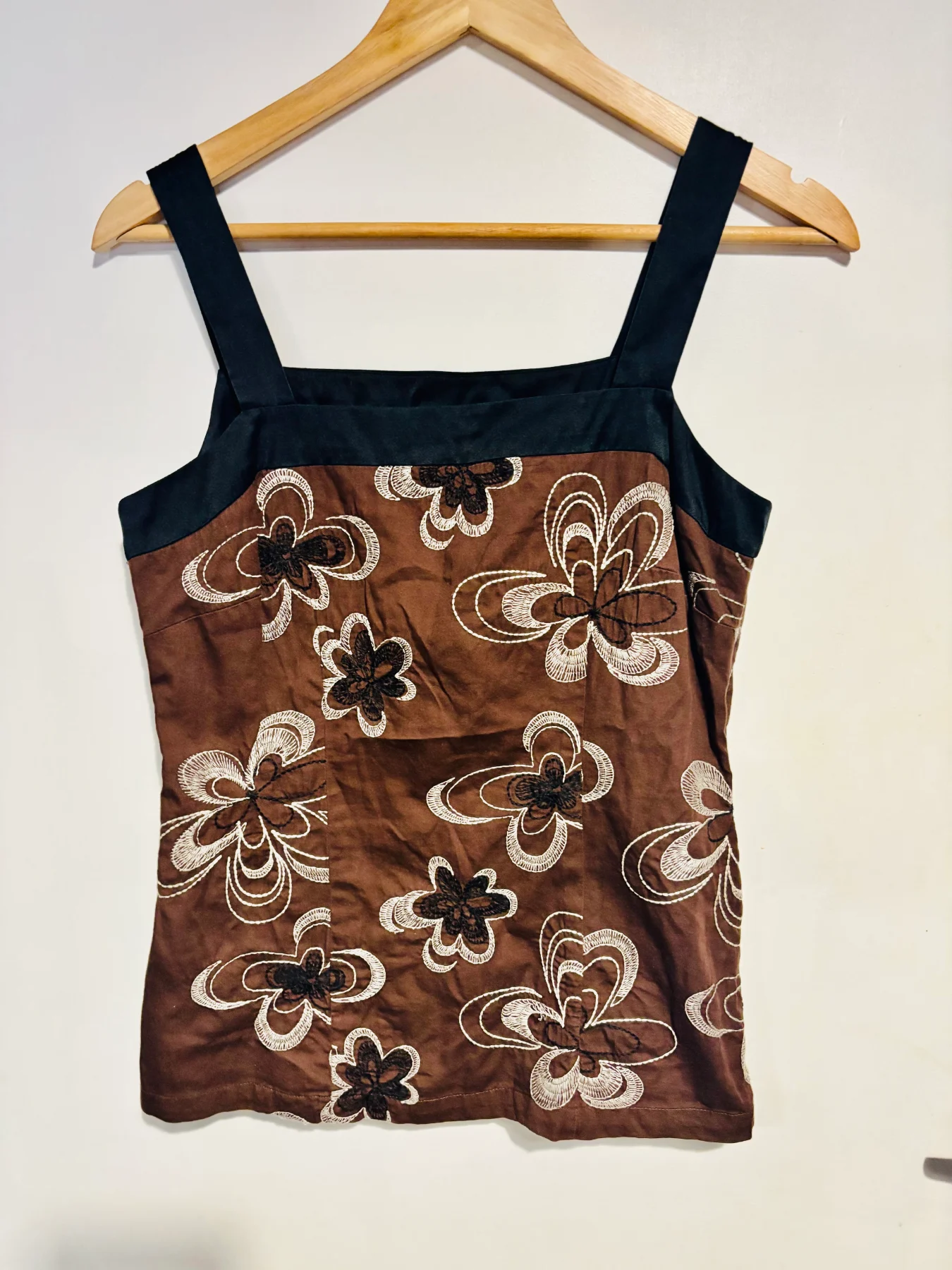 Monsoon, Autumn Brown Silk Contrast Floral Embroidered Camisole Top, Size-10