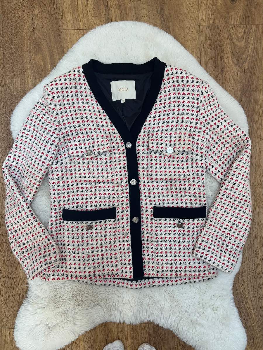 Maje Paris Bouclé Tweed Jacket Size 36 Black Cream Red Knit Luxury Blazer