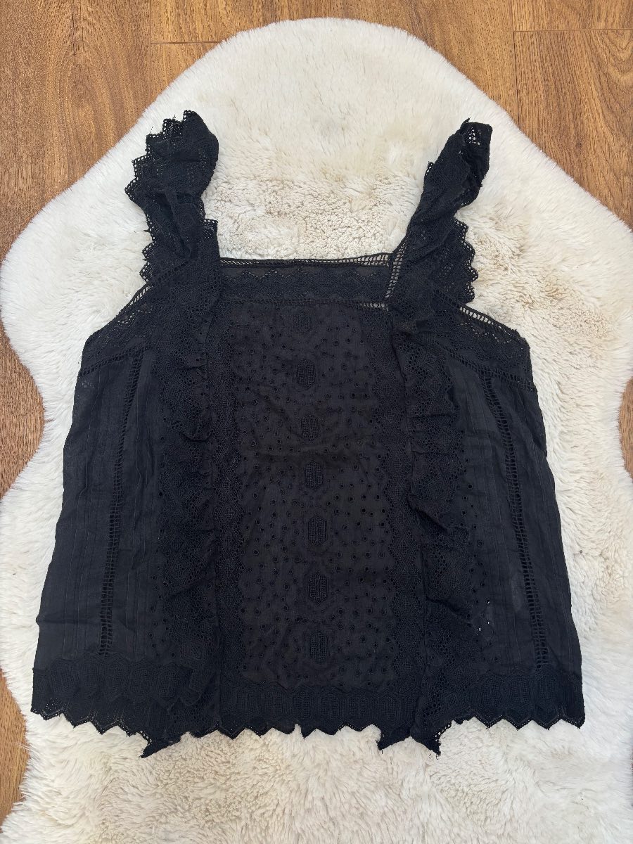 FRAME Black Broderie Anglaise Ruffle Cami Top Ramie Boho Festival Cottagecore S