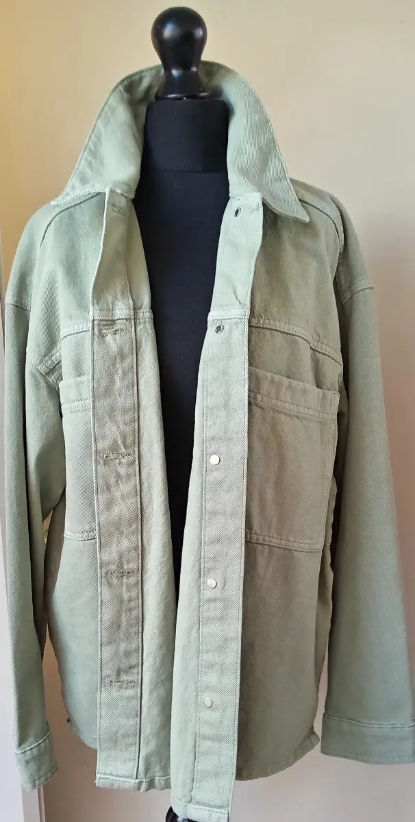 M&S Denim Jacket Oversize Shacket Chore Pockets Ladies Womens Size M Soft Green