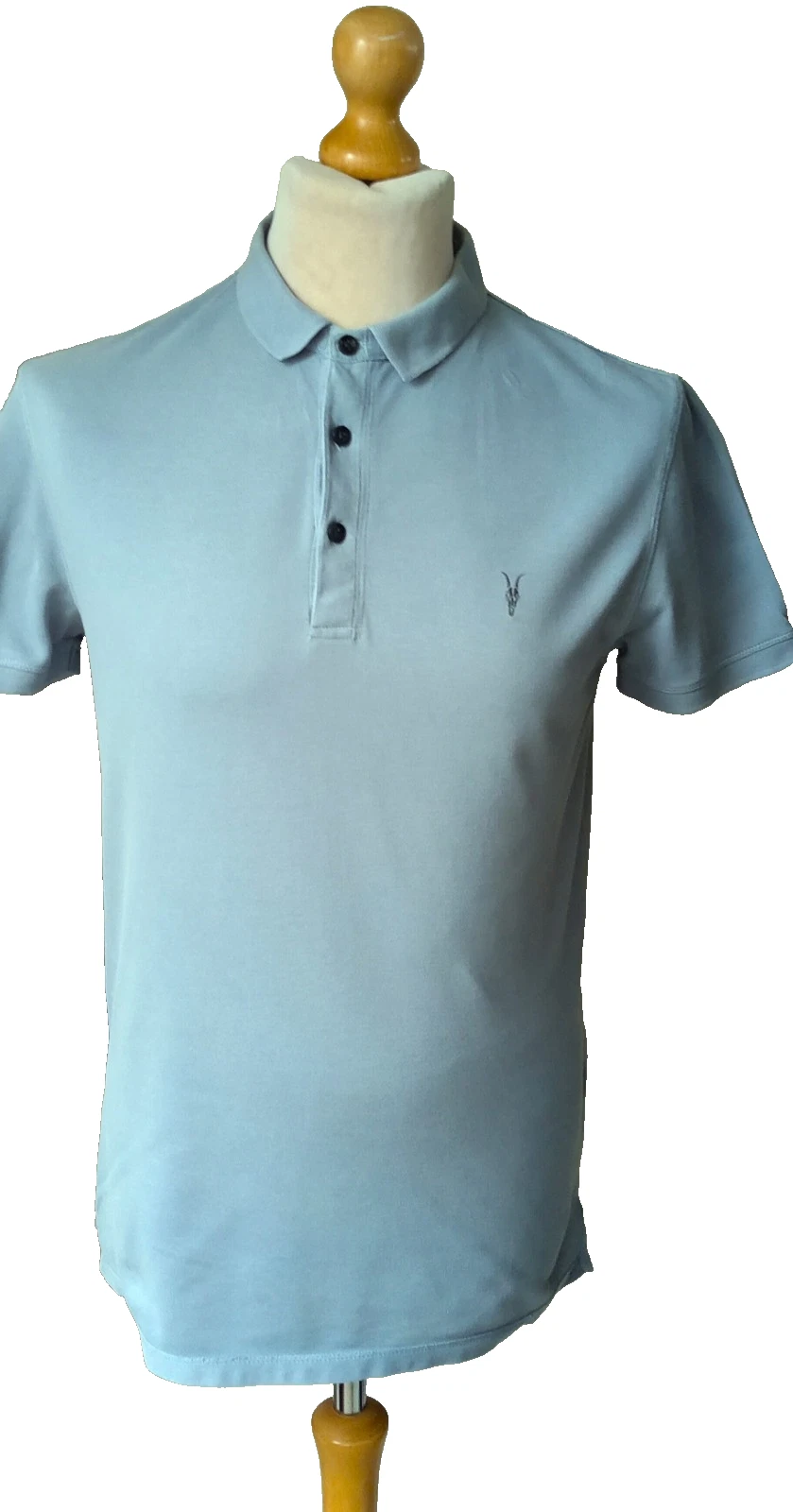 AllSaints Form 8S Polo Shirt Blue Cotton Short Sleeve Rams Skull Size M Mens