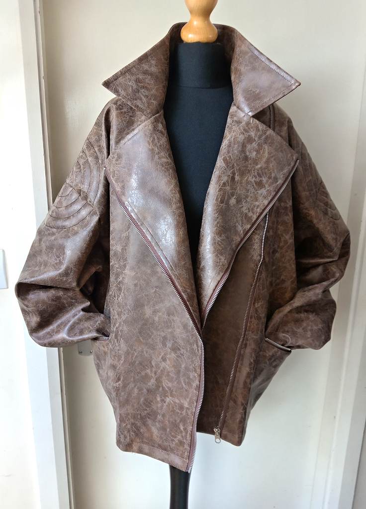 Oversize Boxy Biker Jacket  Brown Faux Vegan Leather Ladies Womens 10 - 12