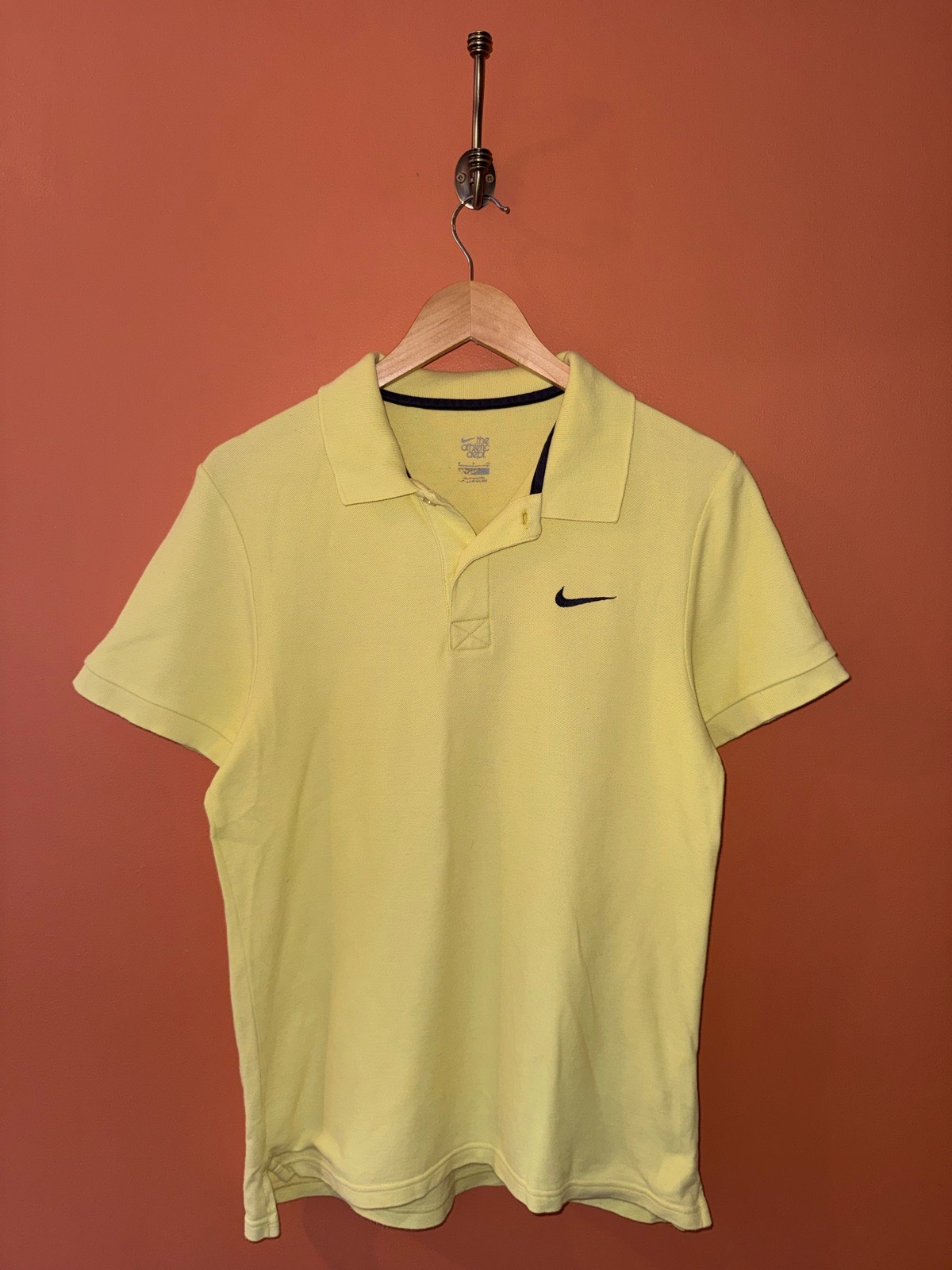 Vintage Nike Polo Shirt Yellow Button Up Short Sleeve With Navy Embroidered Swoosh Logo Men’s Small