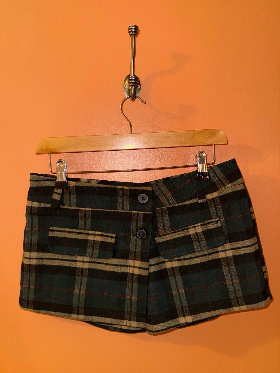 Vintage Y2K Mini Shorts Plaid Check Low Waisted Green / Brown With Wrap Around Front Women’s Medium