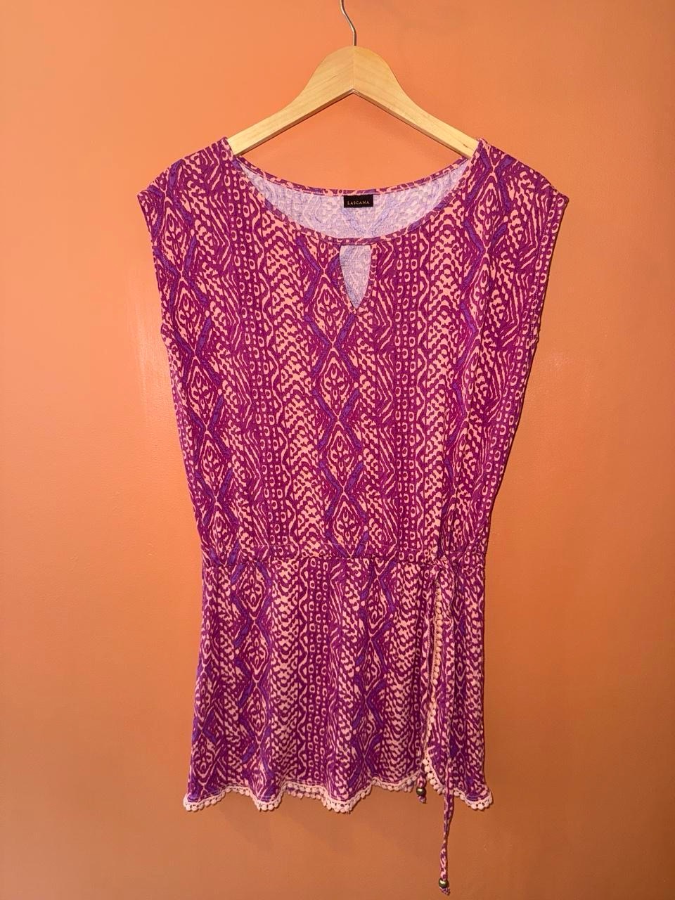 Vintage Y2K Lascana Dress Purple Aztec Pattern Women’s Large With Frilled Waist Tie and Hem