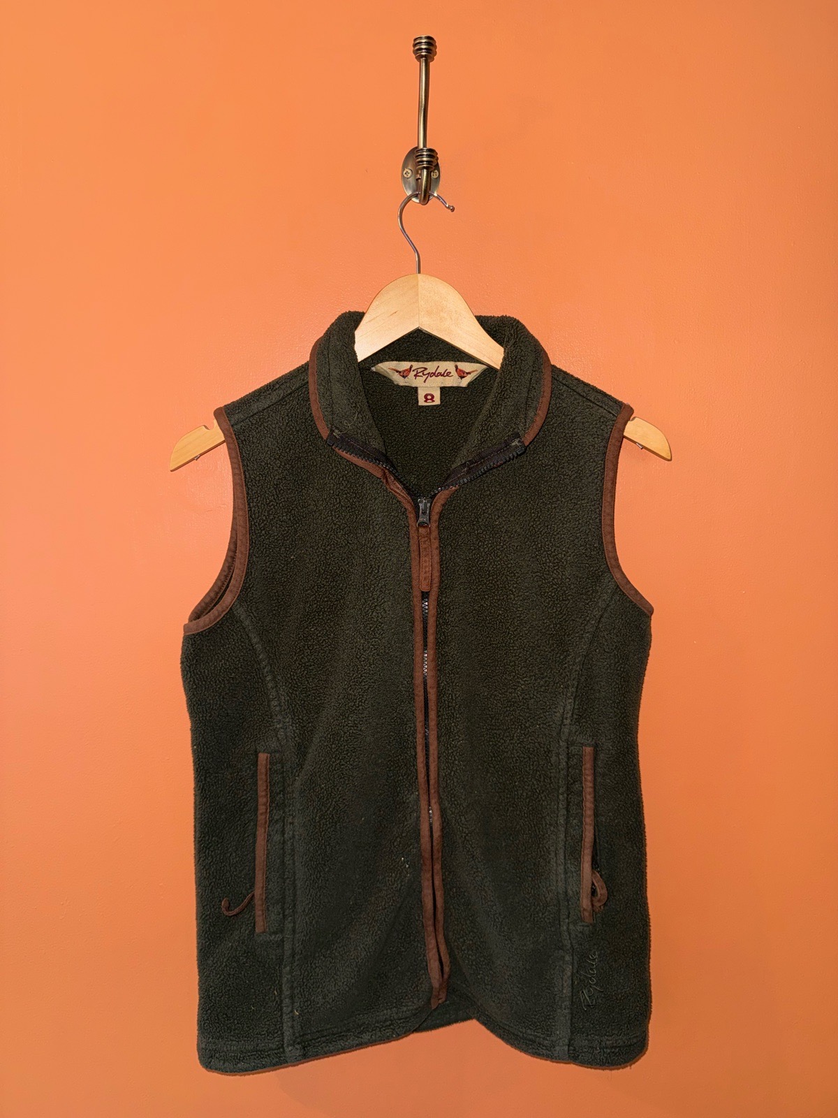 Vintage Rydale Fleece Gilet Body Warmer Khaki Green / Brown Zip Up With Pockets Women’s UK 8