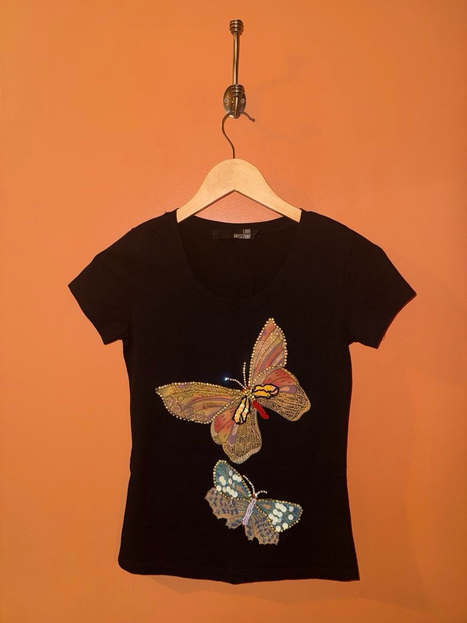 Vintage Y2K Love Moschino Baby Tee Black With Rhinestone Sequin Butterfly Design Women’s Medium